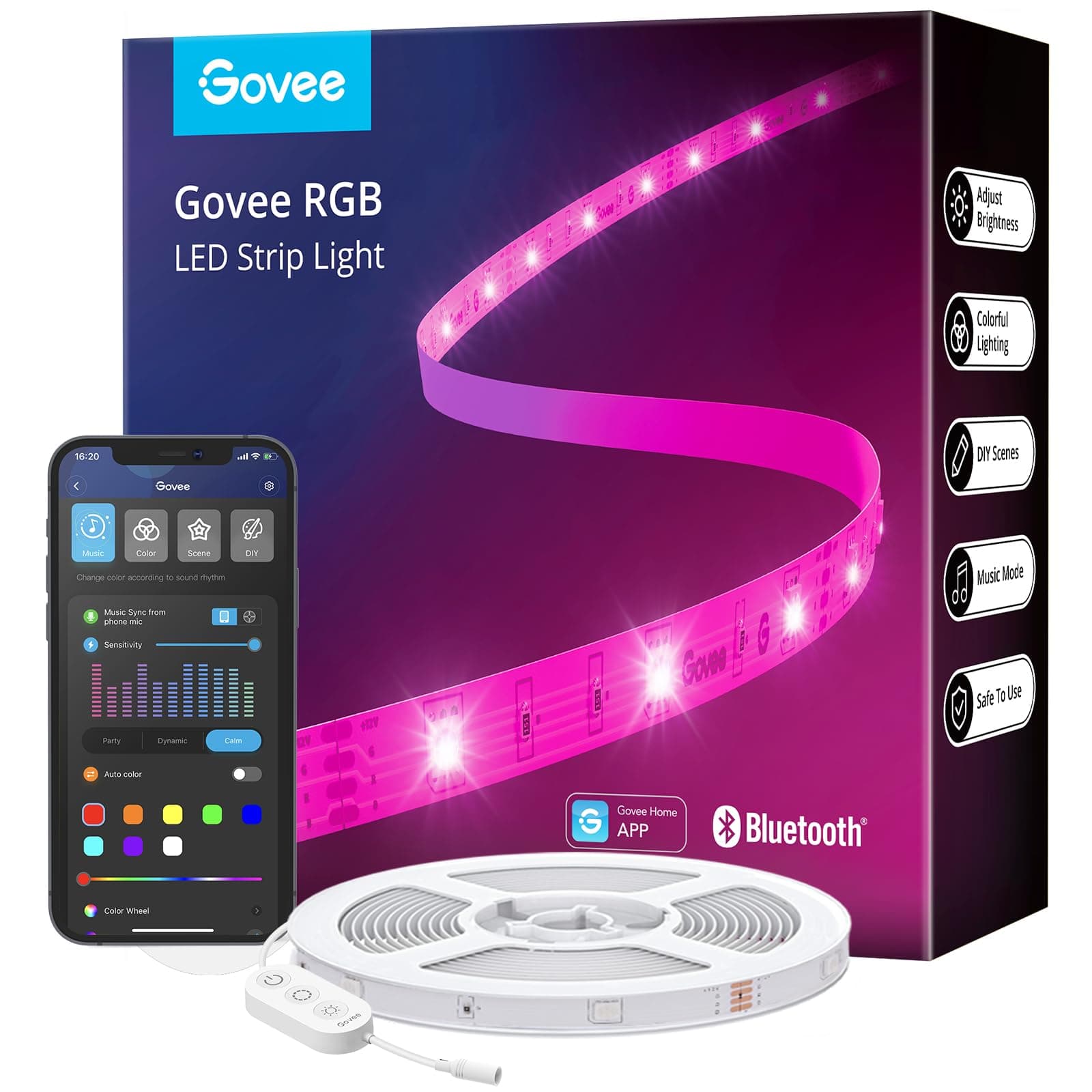 Govee 100ft LED Strip Lights, Bluetooth RGB LED Lights with App Control, 64 Scenes and Music Sync LED Strip Lighting for Bedroom, Living Room, Kitchen, Party, ETL Listed Adapter