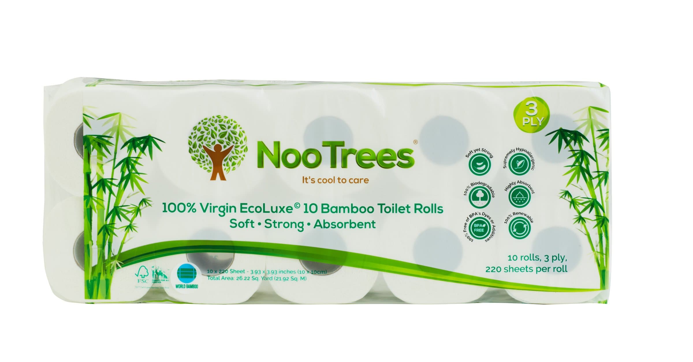 NooTrees Bamboo 3-ply Bathroom Tissue, 220 Sheets, 10 Rolls, Ecofriendly, 100 Percent Biodegradable & Sustainable, Hypoallergenic, Ultra Absorbent Velvety Soft, Pack of 4
