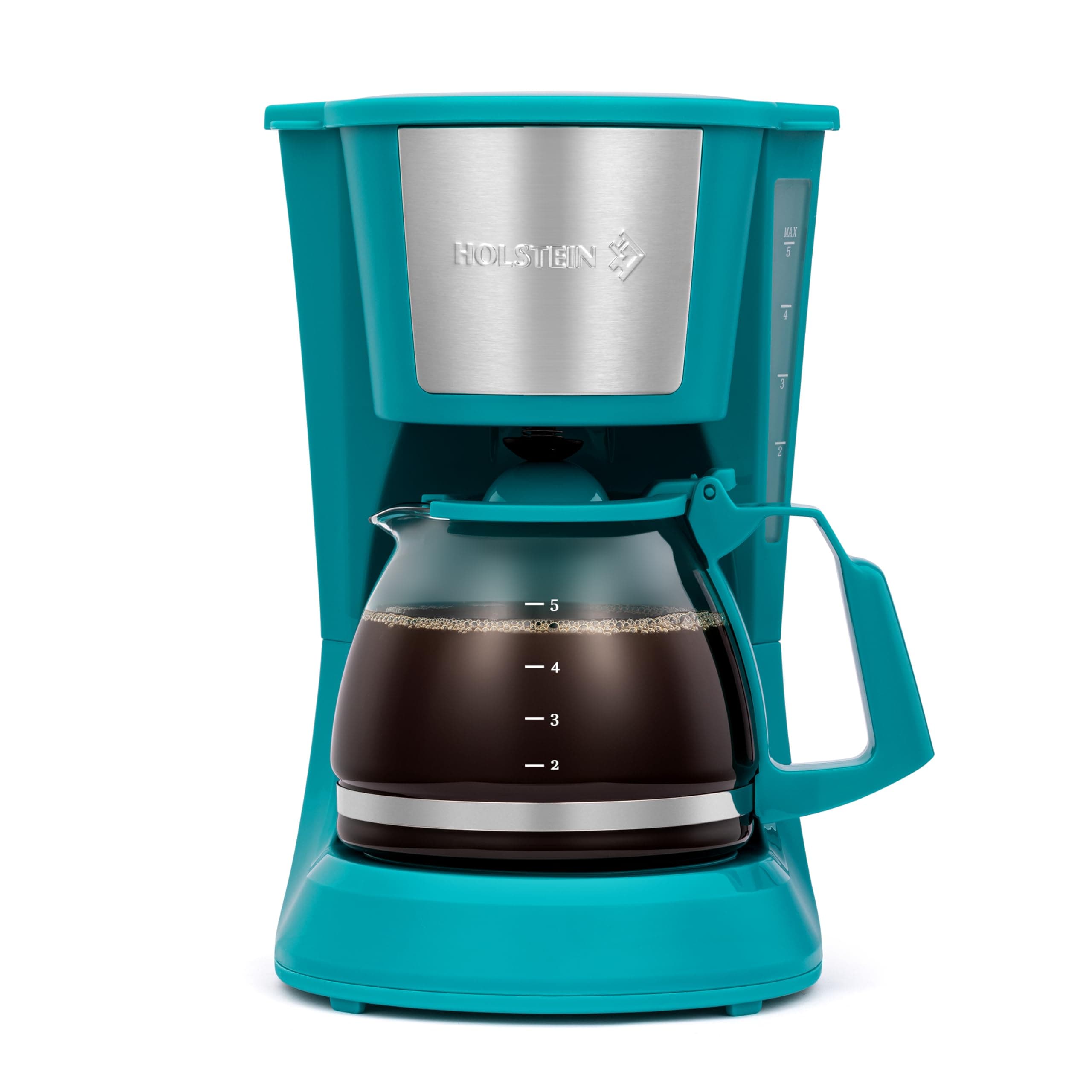 Holstein Housewares 5 Cup Drip Coffee Maker – Compact and User-Friendly with Auto Pause & Serve, Reusable Filter, Measuring Spoon & Glass Carafe, Office & Dorm Use, Teal