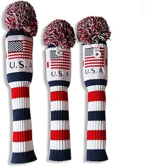 US Flag Knit Pom Pom White Blue Red Driver,Fairway Wood, Hybrid Head Cover Headcover for Callaway Mizuno Cobra Taylormade