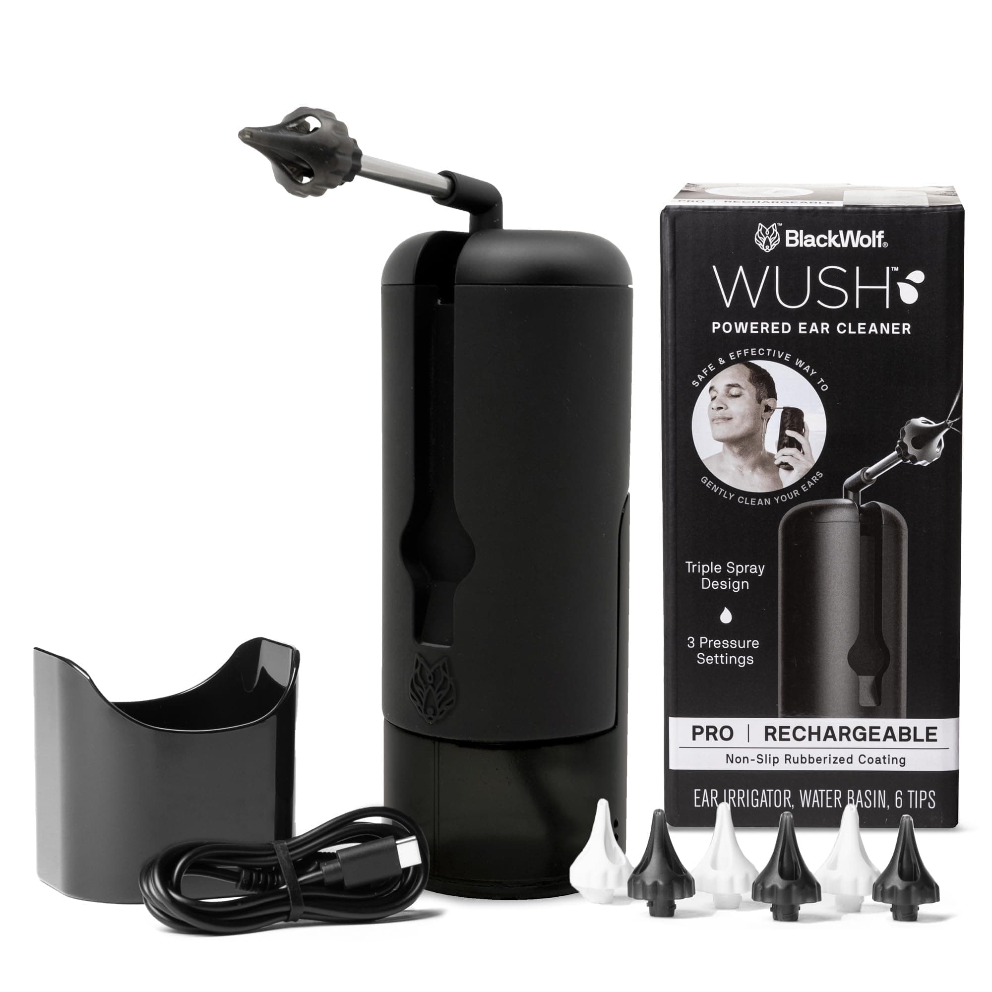 - Wush Pro By Black Wolf- Deluxe Water Powered Ear Cleaner- Safe & Effective- Electric Triple Jet Stream 3 Pressure Settings For Ear Wax Buildup- Ear Wax Removal Kit- Water Resistant USB Rechargeable