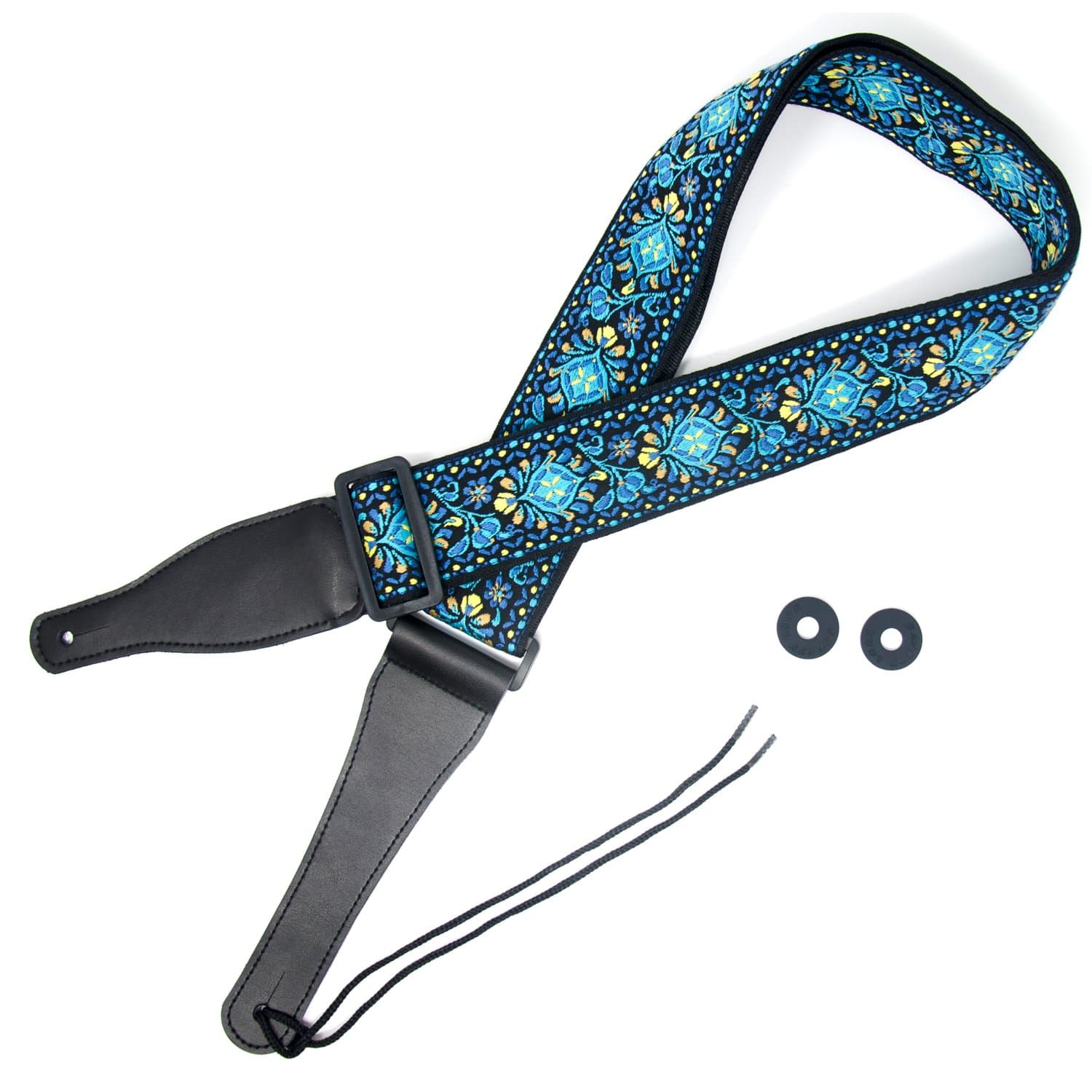 COOME Guitar Straps 2" Jacquard Woven Guitar Strap with Leather Ends Vintage Hootenanny Retro Style for Acoustic Electric Bass Guitar Free 2 Guitar Strap Locks Included BEST STRAP BUNDLE (Blue)