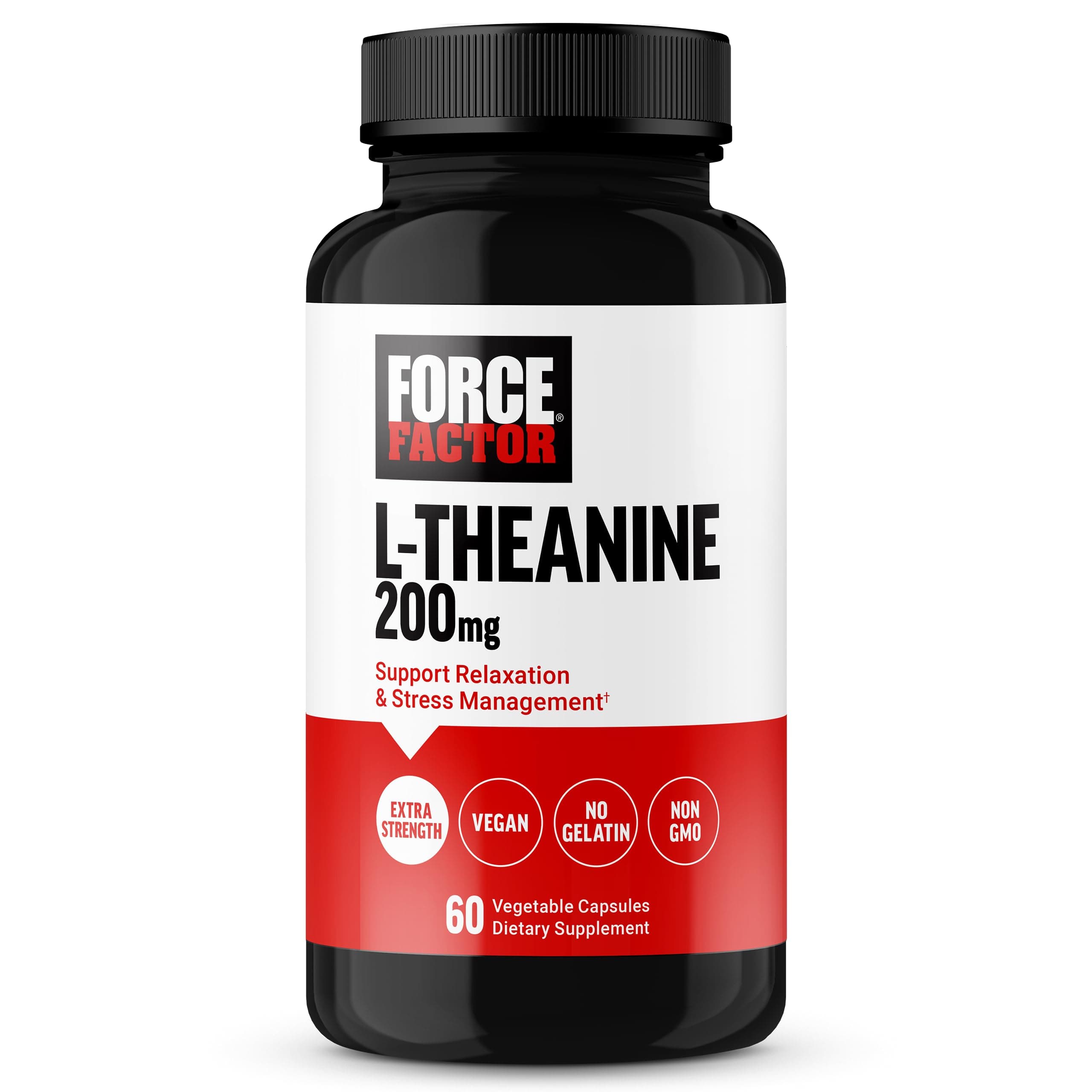 FORCE FACTOR L Theanine, Extra Strength L-Theanine Supplement for Stress Relief, and Supporting Calm and Relaxation, L Theanine 200mg Capsules, Vegan, Non-GMO, No Gelatin, 60 Vegetable Capsules