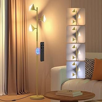 QiMH LED Tree Floor Lamp, 3 Rotatable Light Floor Lamp for Living Room,4 Color Temperatures, 36W Stepless Dimmable Tall Standing Lamp with Touch and Remote Control for Bedroom Home Office, Gold
