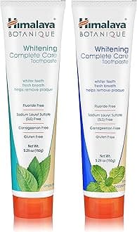 Himalaya Botanique Whitening Complete Care Toothpaste, Mint and Peppermint Flavors - Whitening Toothpaste Without Fluoride for Brighter Teeth & Fresh Breath - Vegan, Gluten Free, 5.29 oz (Pack of 2)