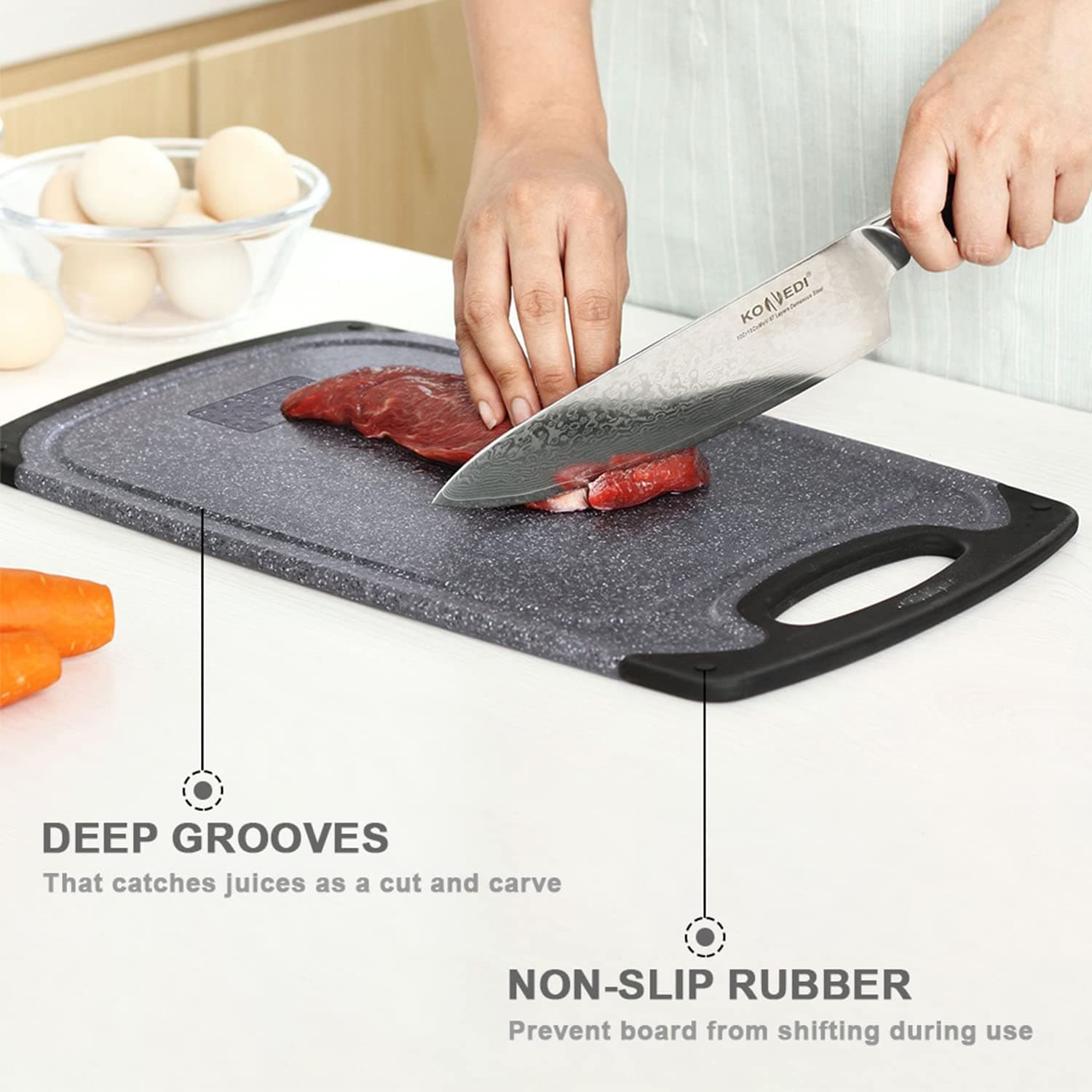 Plastic Cutting Board, 3 Pieces Dishwasher Safe Cutting Boards with Juice Grooves, Easy Grip Handle, Non-Slip, with Grinding Area for Grinding Garlic and Ginger(Dark Grey, XL)