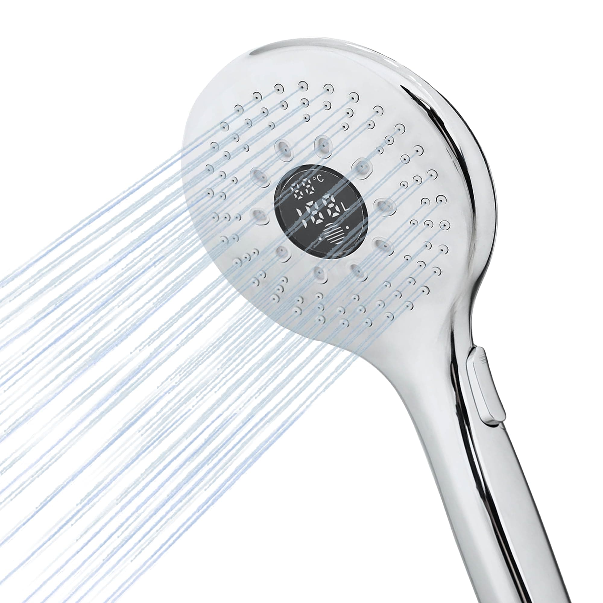 Shower Water Monitor & Digital Timer – Flow Meter, Temperature Display, Self-Powered Water & Energy Saving for Bathroom & Caravan – LOWENERGIE (Round)