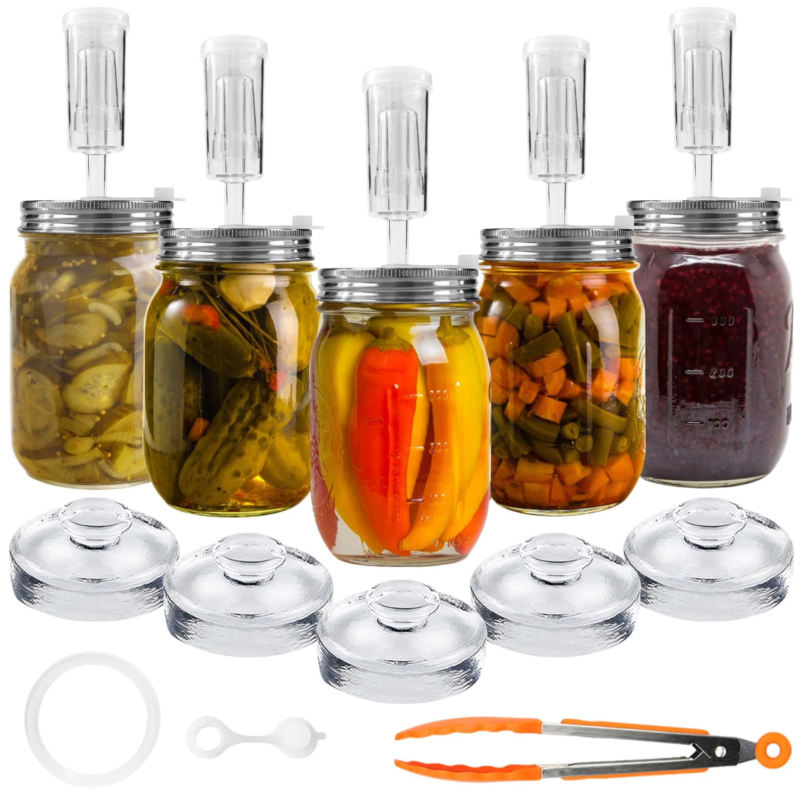Artcome 28 Pcs Fermentation Kit-5 Stainless Steel Fermentation Lids, 5 Glass Weights, 5 Airlocks, 6 Silicone Rings, 6 Silicone Grommet, 1 Tong for Wide Mouth Mason Jar(Jars Not Included)
