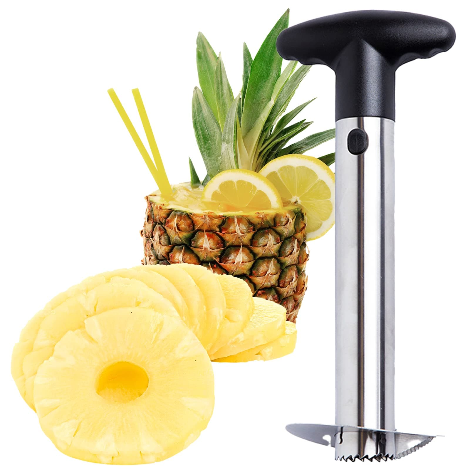 Stainless Steel Pineapple Corer with a Recipe eBook Includes One Year Warranty - Core Remover Tool with Detachable Handle - Fast and Easy Fruit Pineapple Cutter Peeler Corer Slicer