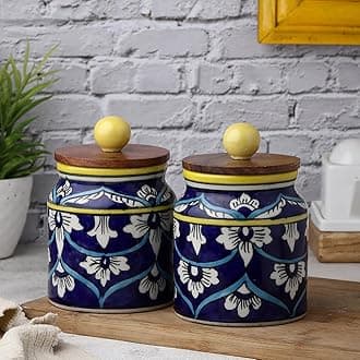 VarEesha Hand-made Hand Painted Blue Floral Ceramic Jars with Wooden Lids| Airtight Kitchen Containers for Pickles, Cookies, Chutney, Sugar, Dry Fruits| Leak Proof Ceramic Barni|500 ML (Set of 2)