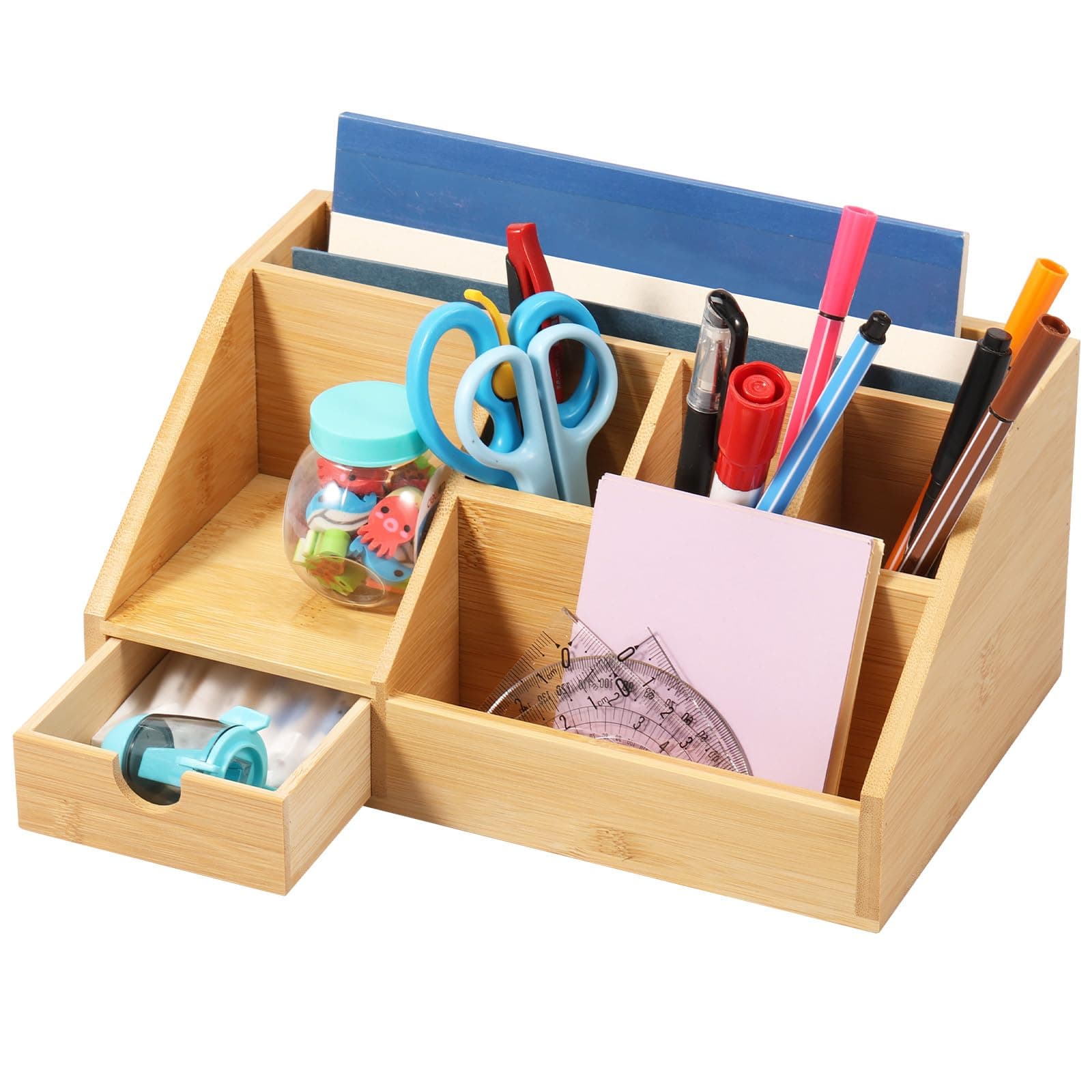 Bamboo Desk Organizer with Drawer and Compartment Storage Shelf Rack Stackable Wood Storage Boxes for Home Office