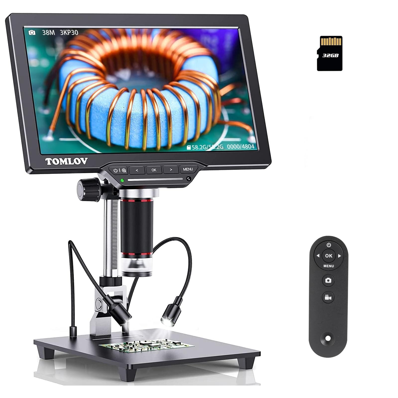 TOMLOV DM202 3K Digital Microscope: 10.1" HDMI LCD Microscope, 38MP Coin Microscopes Magnifier Camera with Screen for Entire Coins, Micro Soldering Microscopes, TV/PC Compatible, DIY Grid Line, 32GB