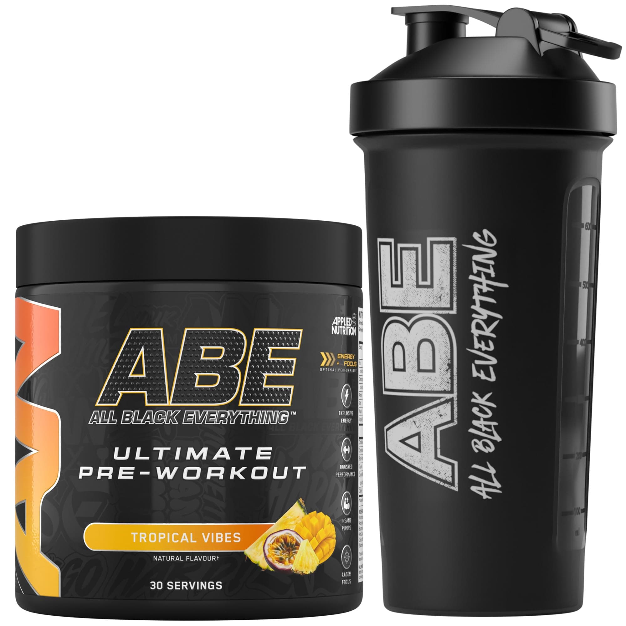 Applied Nutrition Bundle ABE Pre Workout 375g + ABE Black Shaker 700ml | All Black Everything Pre Workout Powder, Energy Drink, Physical Performance, Creatine, Beta Alanine, Caffeine (Tropical)