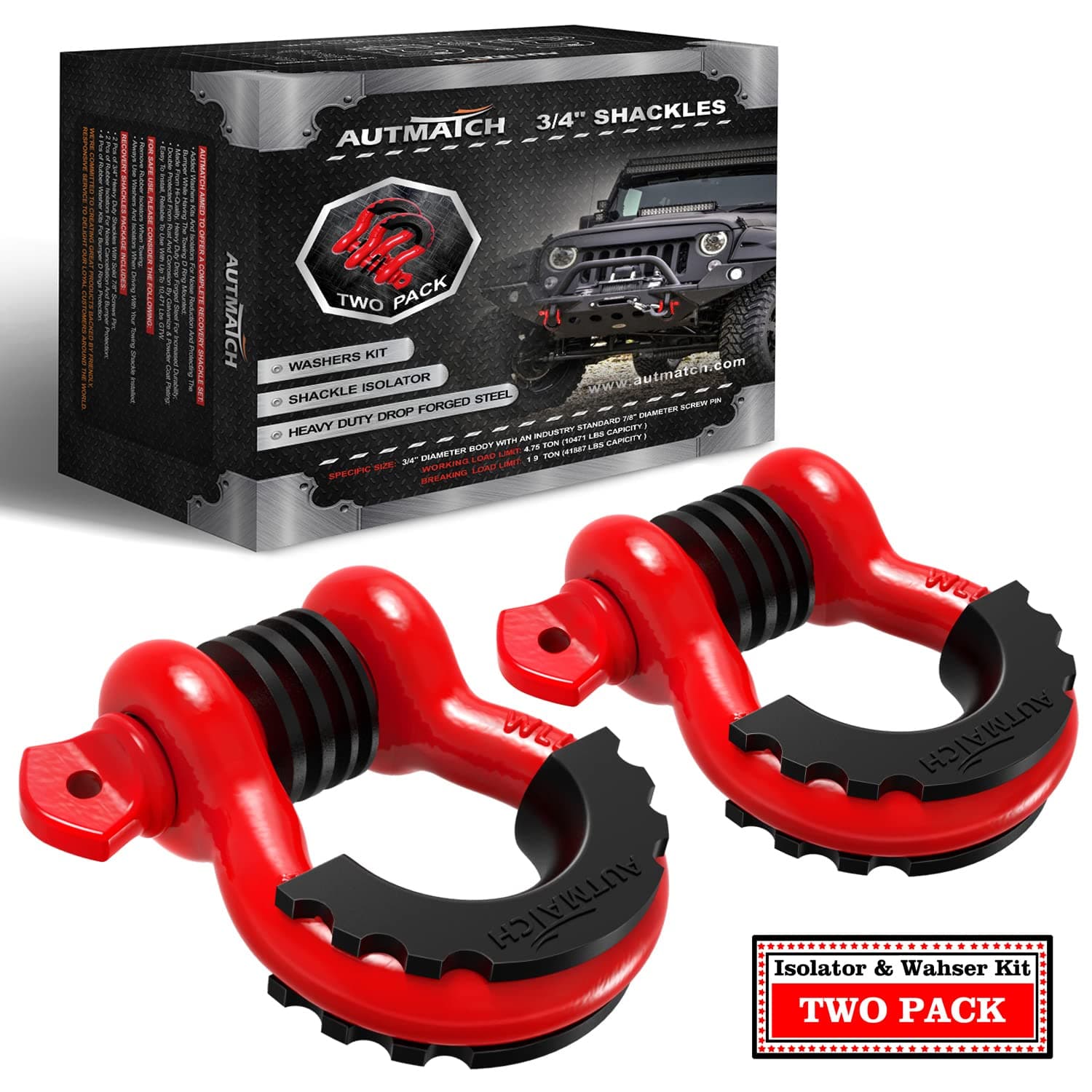 AUTMATCH D Ring Shackle 3/4" Shackles (2 Pack) 41,887Ibs Break Strength - Clevis Shackles with 7/8" Screw Pin and Shackle Isolator Washers Kit for Tow Strap Winch Off Road Vehicle Recovery, Red