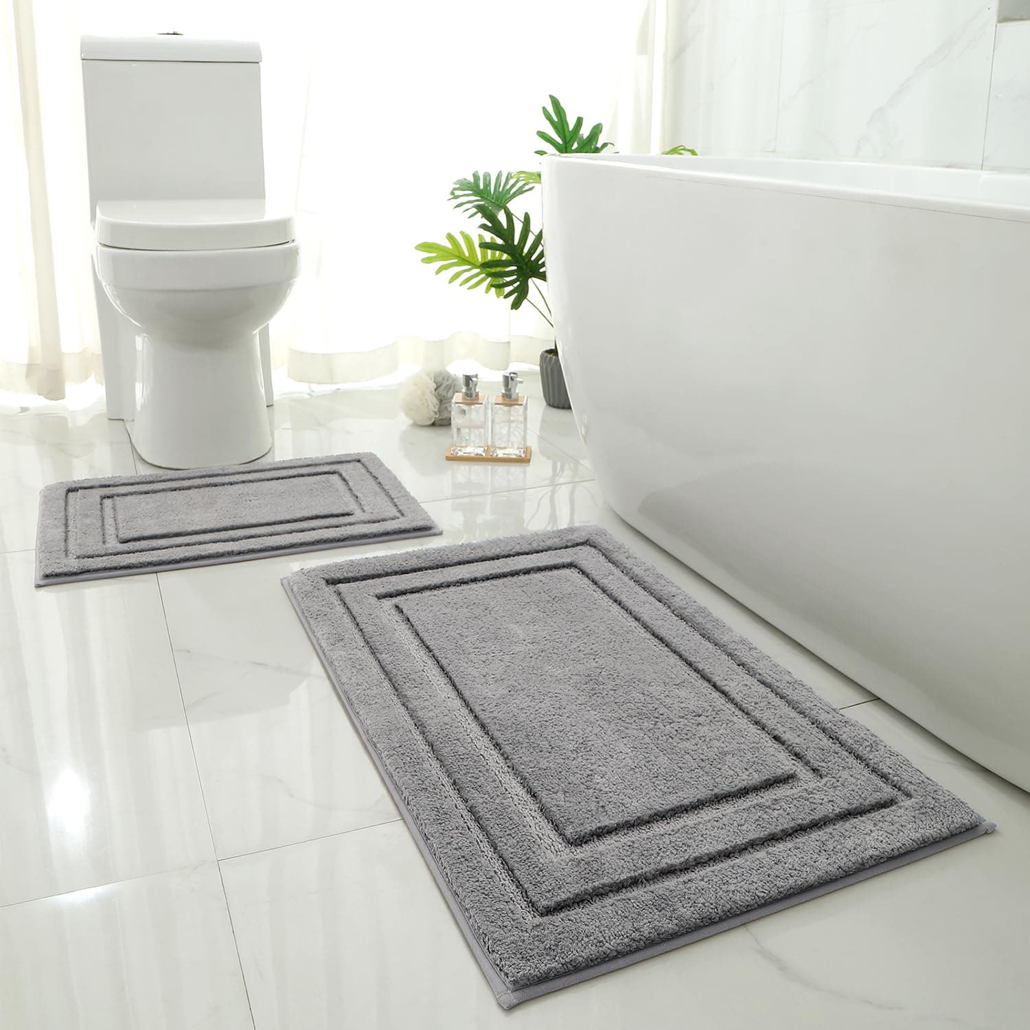 HOMEIDEAS Bathroom Rugs Sets 2 Piece, Super Soft and Absorbent Non Slip Microfiber Machine Washable Bath Mat Set (20" x 32" + 16" x 24", Grey)