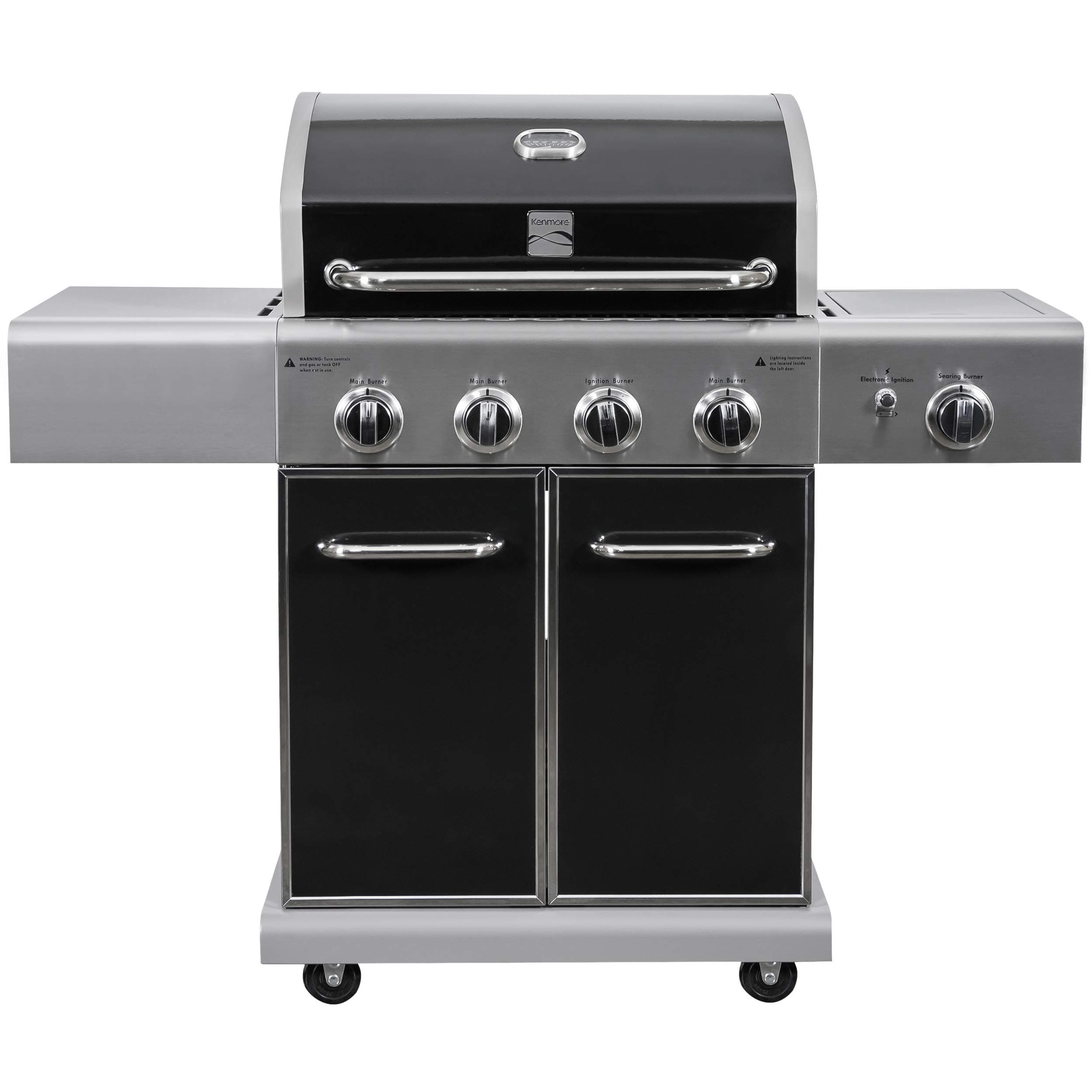 4-Burner BBQ Gas Grill with Searing Side Burner, Propane Grill, 52,000 BTUs, Warming Rack, Electronic Ignition & Cast Iron Cooking Grates, Black/Stainless Steel