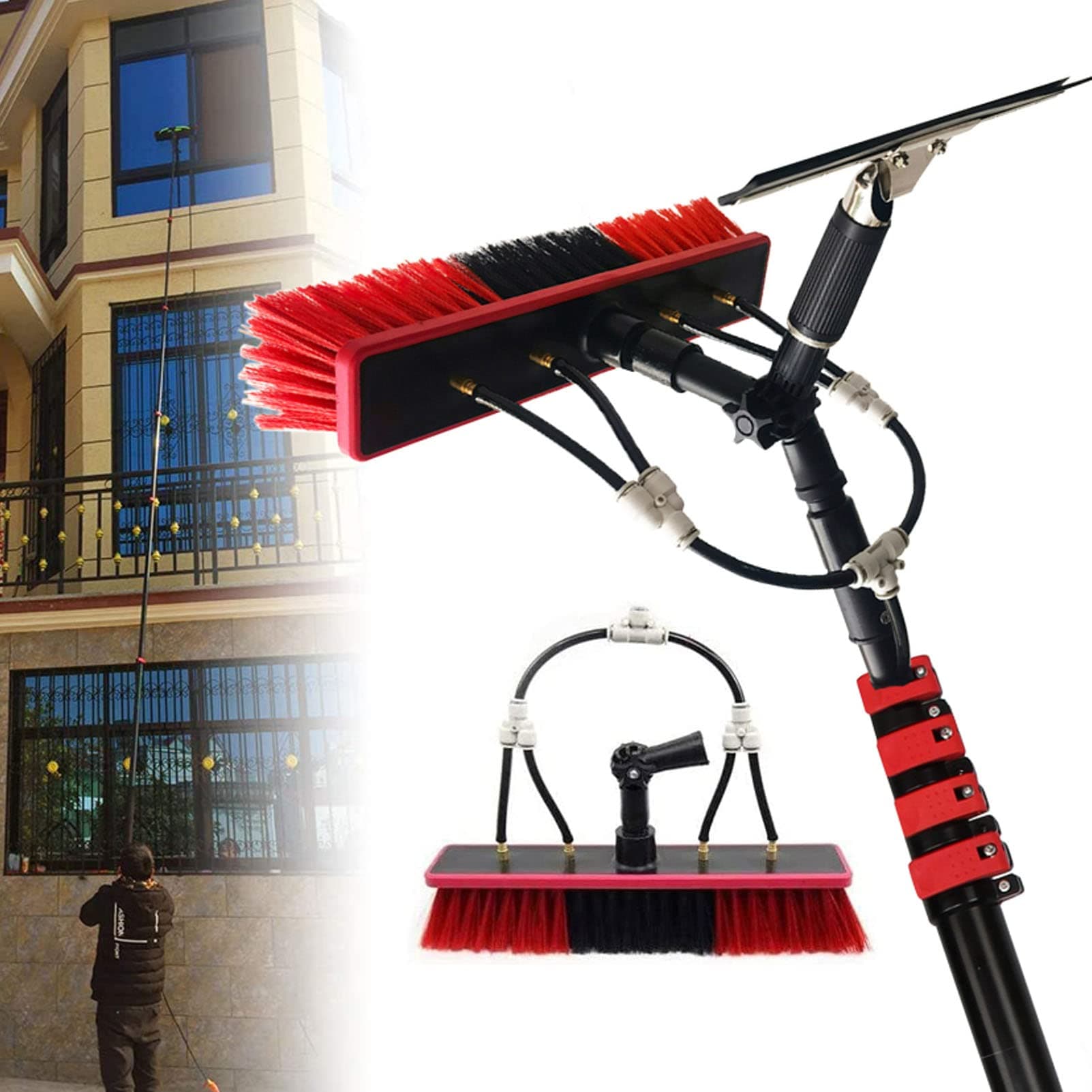 Water Fed Pole Kit, 6m 9m 12m Length Water Fed Brush, Water Fed Cleaning System with Squeegee, Outdoor Window Cleaner and Washing Tool for Glass, Solar Panel,36FT/10.8M