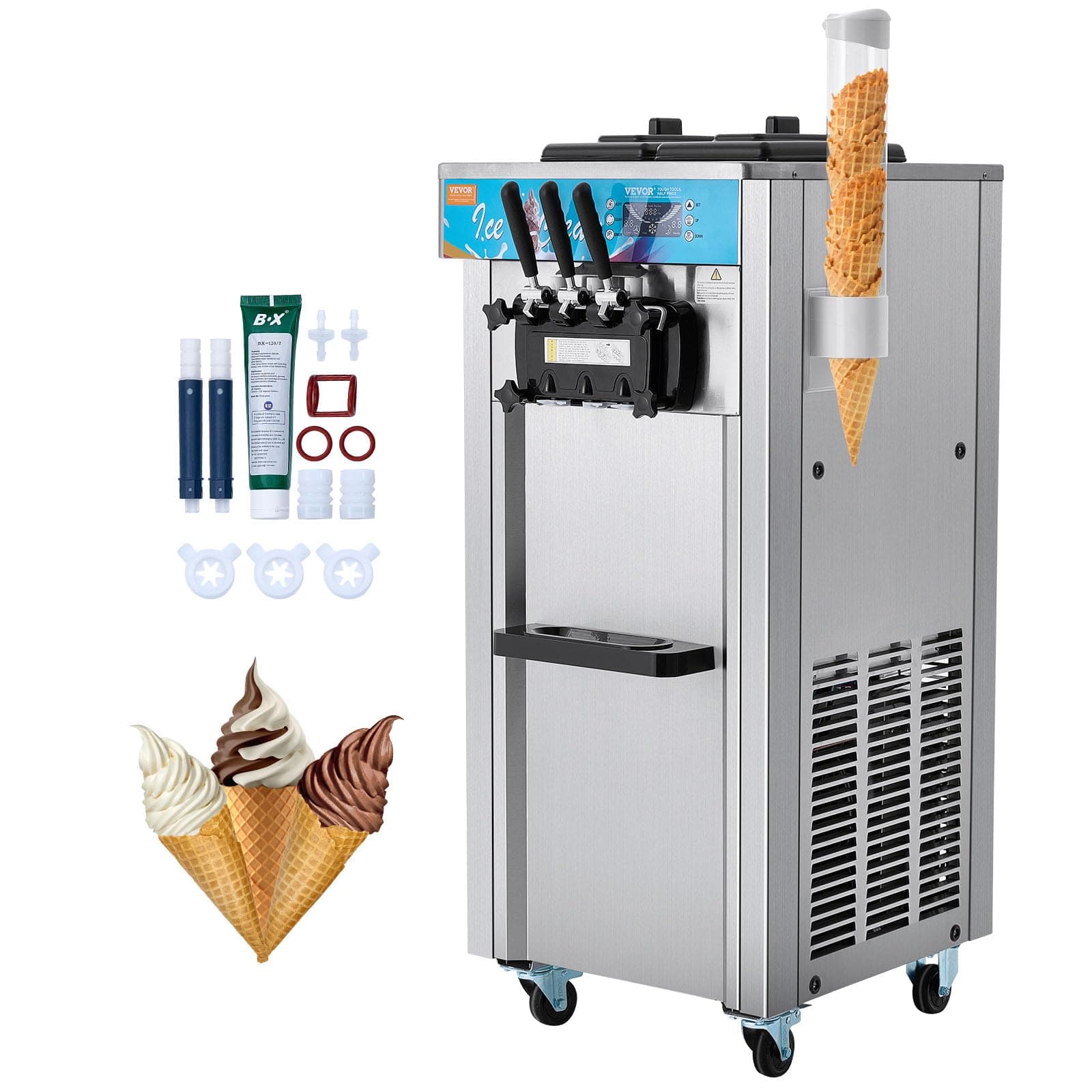 VEVOR Commercial Ice Cream Machine, 21-31 L/H Yield, 1800W 3-Flavor Freestanding Soft Serve Ice Cream Maker, 2 x 5.5L Stainless Steel Cylinder, LED Panel Auto Clean Pre-cooling, for Restaurant Bars