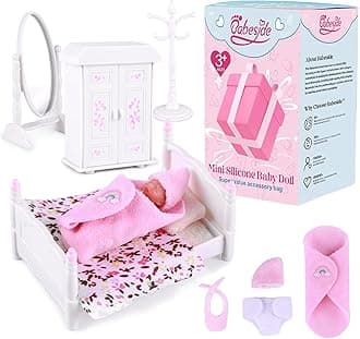 BABESIDE Mini Silicone Baby Dolls, 3 Inch Realistic Newborn Baby Dolls Full Silicone Sleeping Little Mini Real Life Baby Girl Miniature Baby with Playset Accessories(Pink)