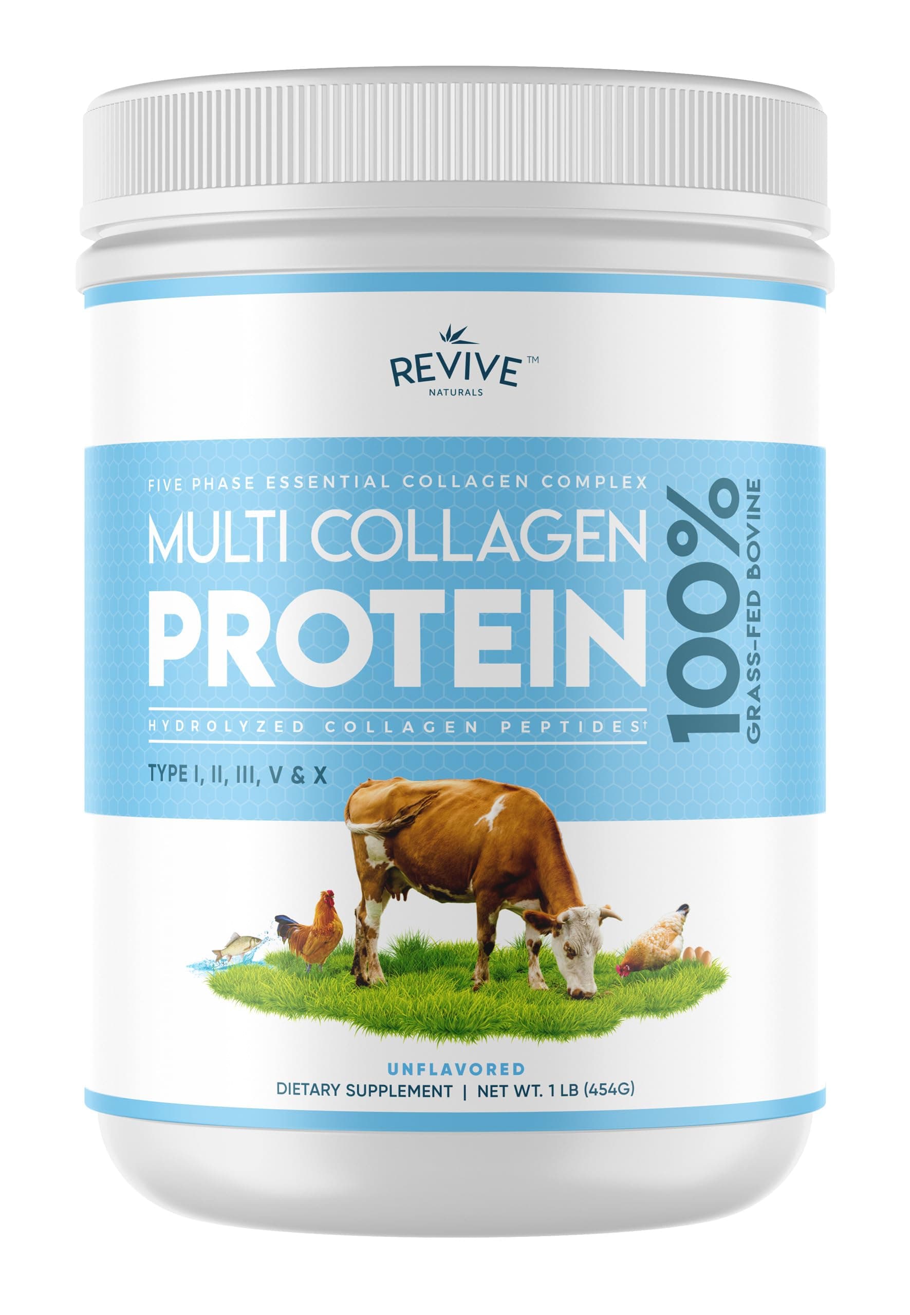 Multi Collagen Hydrolyzed Protein Powder (16oz) - Types I, II, III, V & X - Grass Fed Bovine, Wild Caught Fish, Grass Fed Bovine Bone Broth, Chicken Bone Broth & Eggshell, Non-GMO, Gluten-Free.