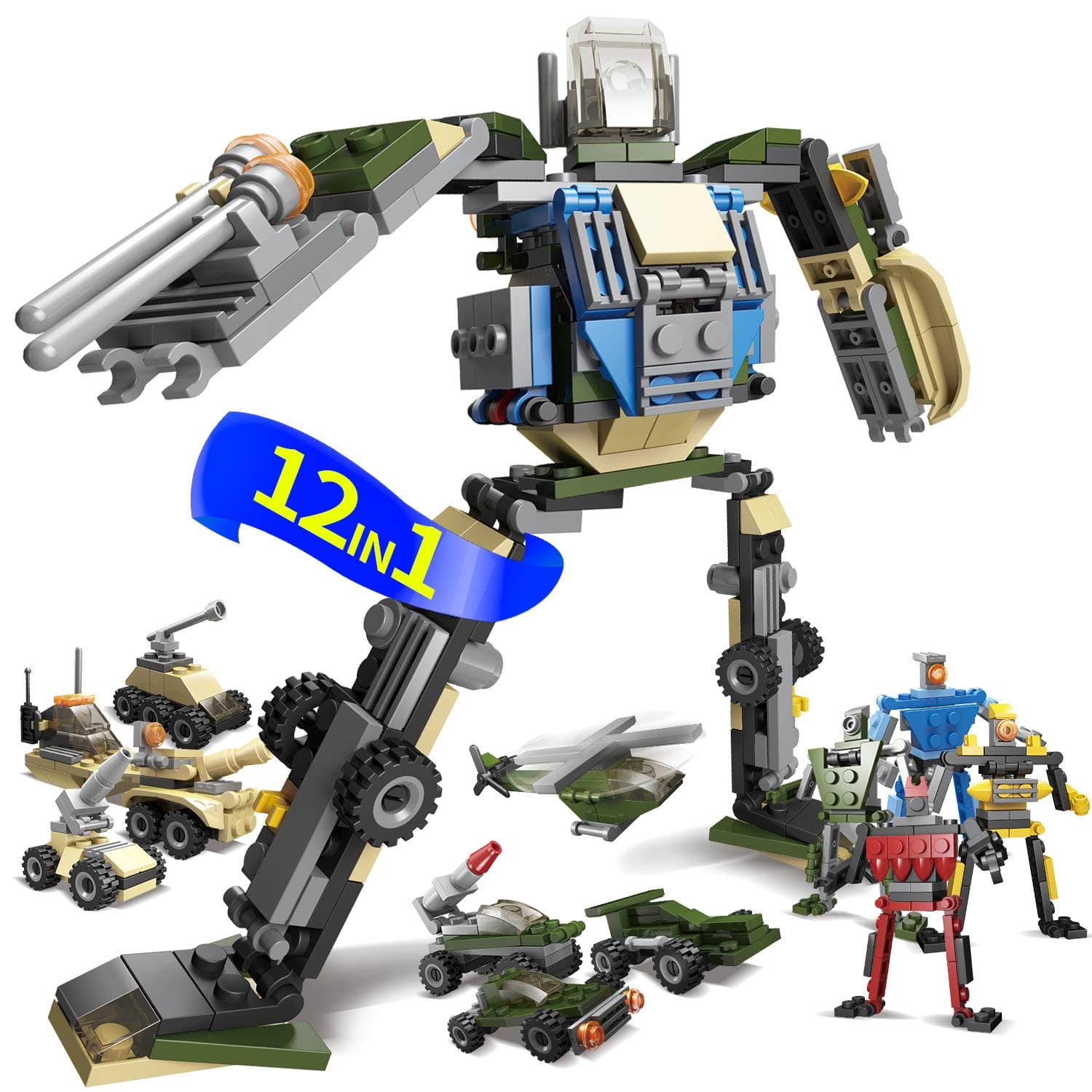 12in1 Robot Car Blocks Building Bricks - Military Stem Assembly Egg Toy - transform Deformation Model - Educational Action Figure Kit Set - Best Gift for Boys Girls Age 6-7-8-9-10-11-12 Year Old Kids