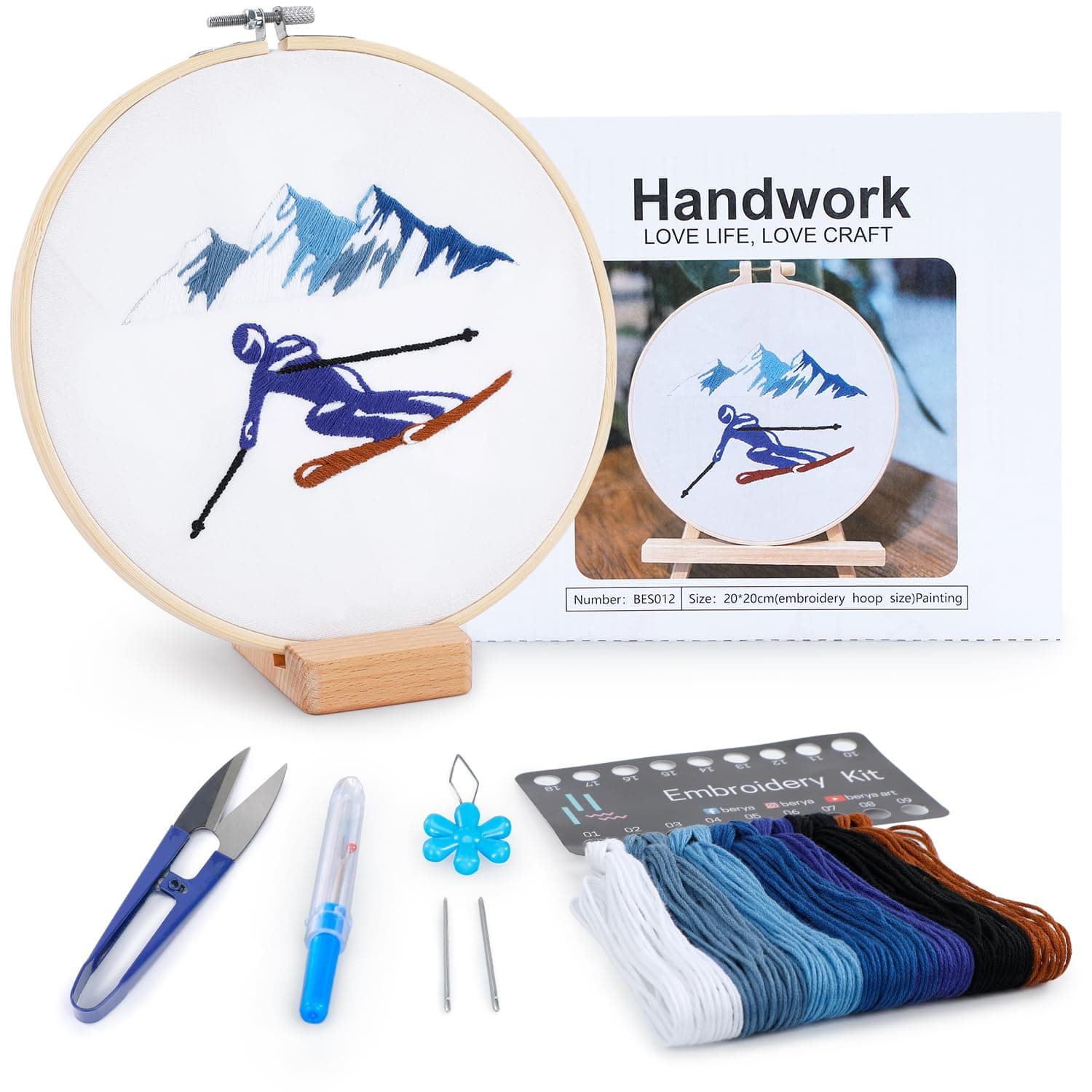 - Embroidery Kit for Adult Beginners,Skiers Snow Mountain Embroidery Kit with Step-by-Step Instructions & Video,Printed Cloth,7.87" Hoop,Display Stand,Color Threads and Tools for Craft Lover(BES012)