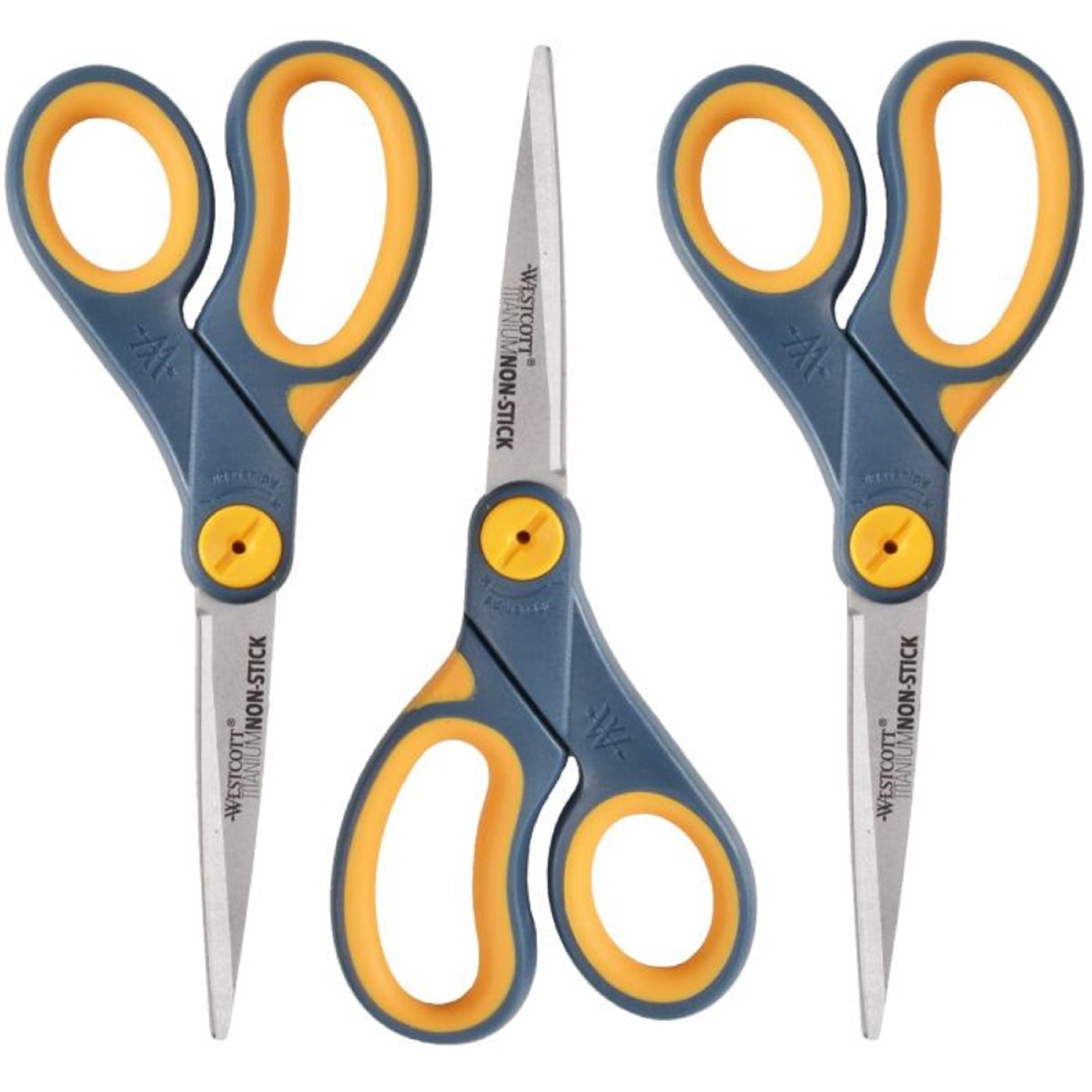 Westcott 8-Inch Non-Stick Titanium Scissors For Office and Home - Glide Adjust Technology - Grey/Yellow Craft, Fabric Scissors - 3 Pack