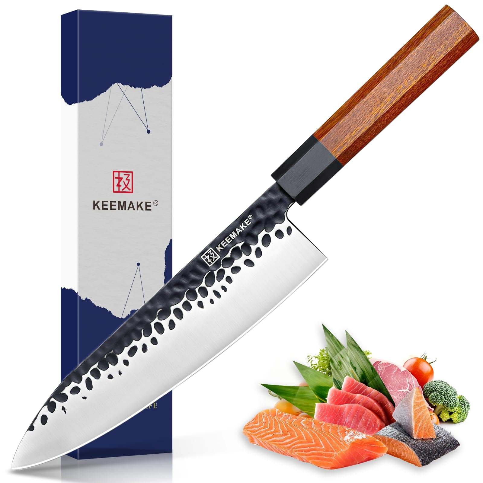 KEEMAKE 8 Inch Chef Knife, Japanese Hand Forged High Carbon Steel Kitchen Knives with Ergonomic Rosewood Handle, Ultra Sharp Durable Professional Gyuto Knife for Meat & Veggie Slicing