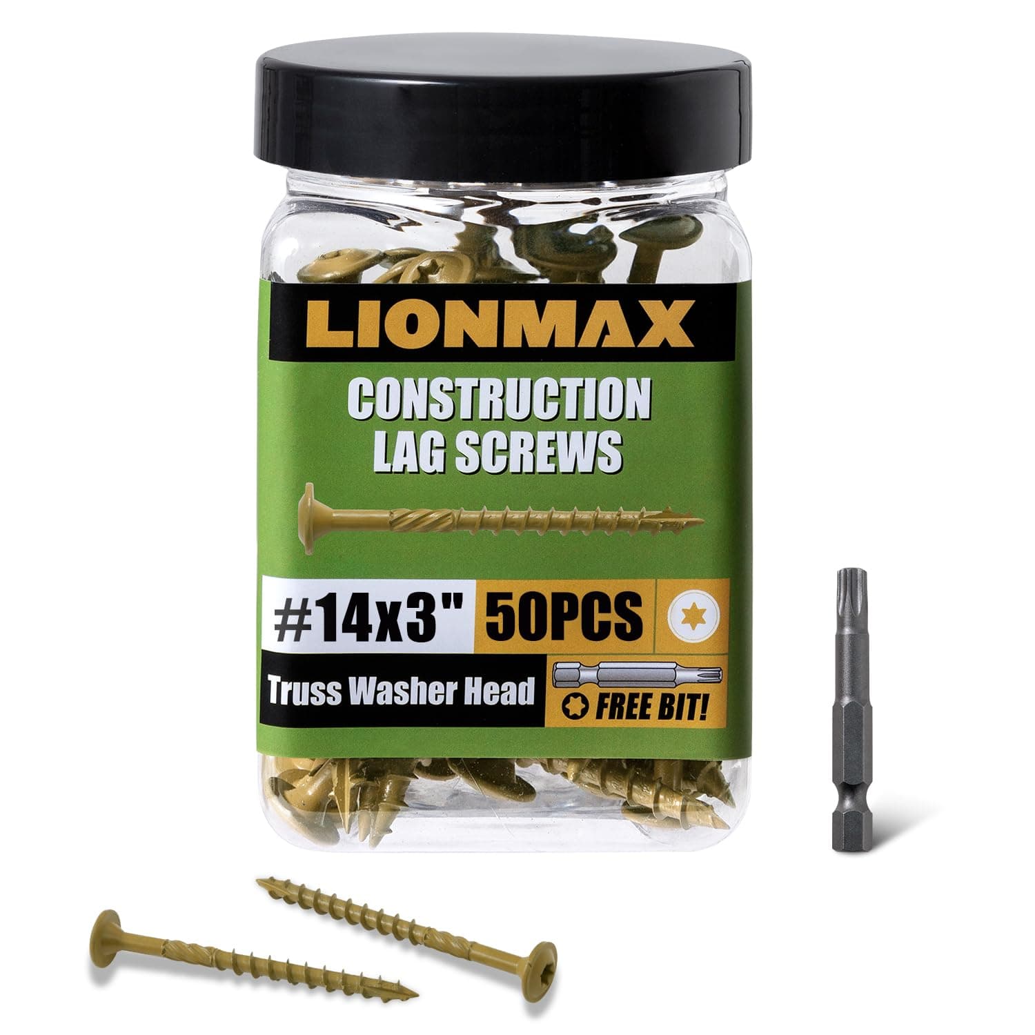 LIONMAX Construction Lag Screws #14 x 3 Inch, 50 PCS Exterior Structural Lag Screw 3 Inch with Modified Truss Washer Head, Heavy Duty Bronze Coated Construction Wood Screw, Star Drive with Bit