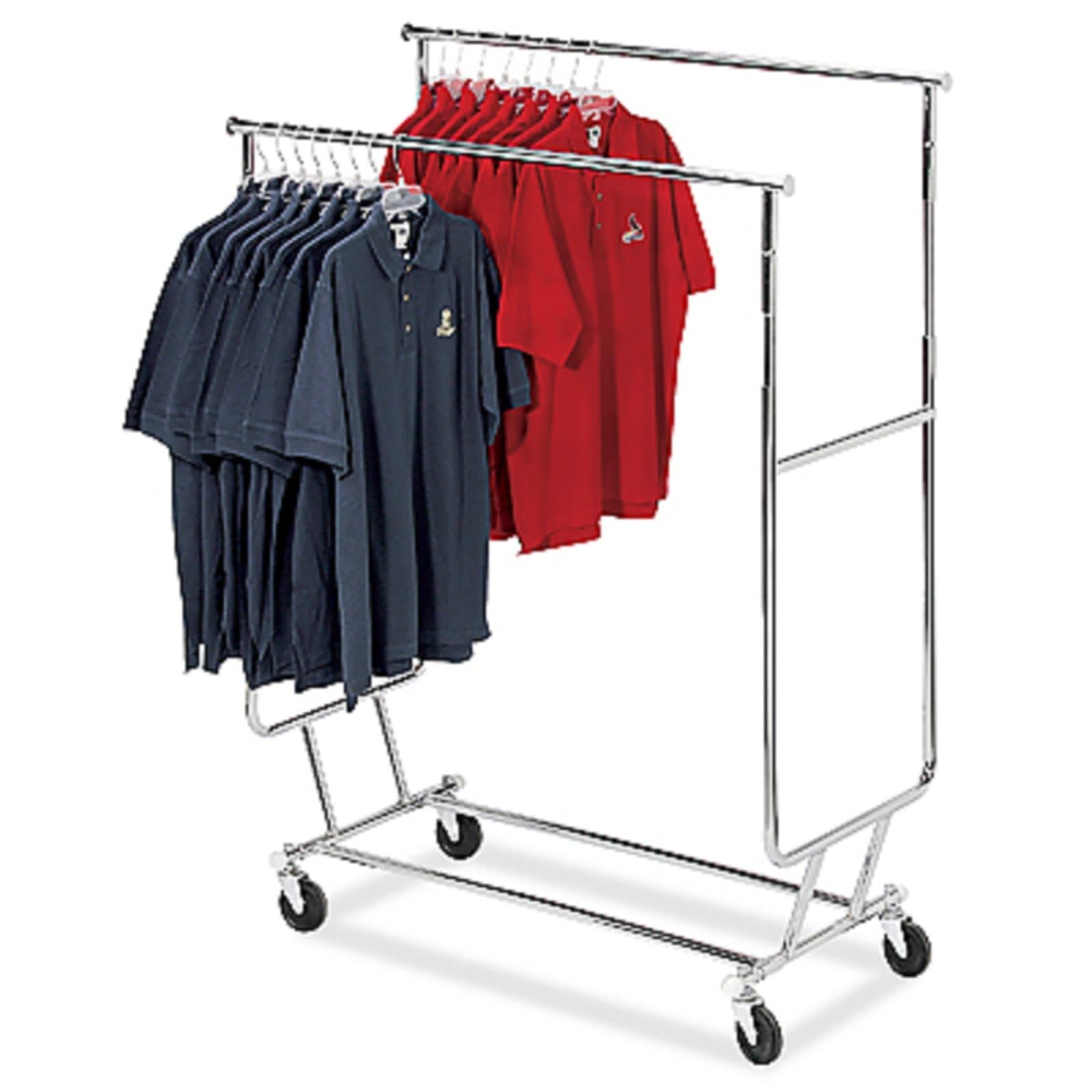 One (1) - Double Bar Salesman Rack -" round tubing. Adjustable height: 55", 60" and 65". 4" ball bearing casters. Includes clips for hangrail storage and protective rubber bumpers