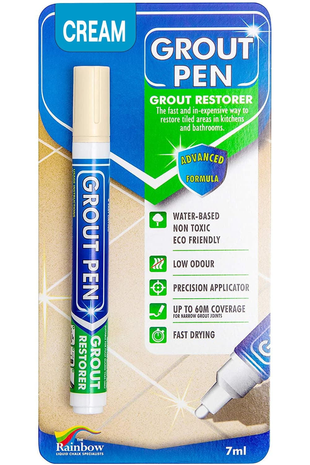 Rainbow Chalk Markers Limited Grout Pen - Designed for restoring tile grout in bathrooms & kitchens (Cream)