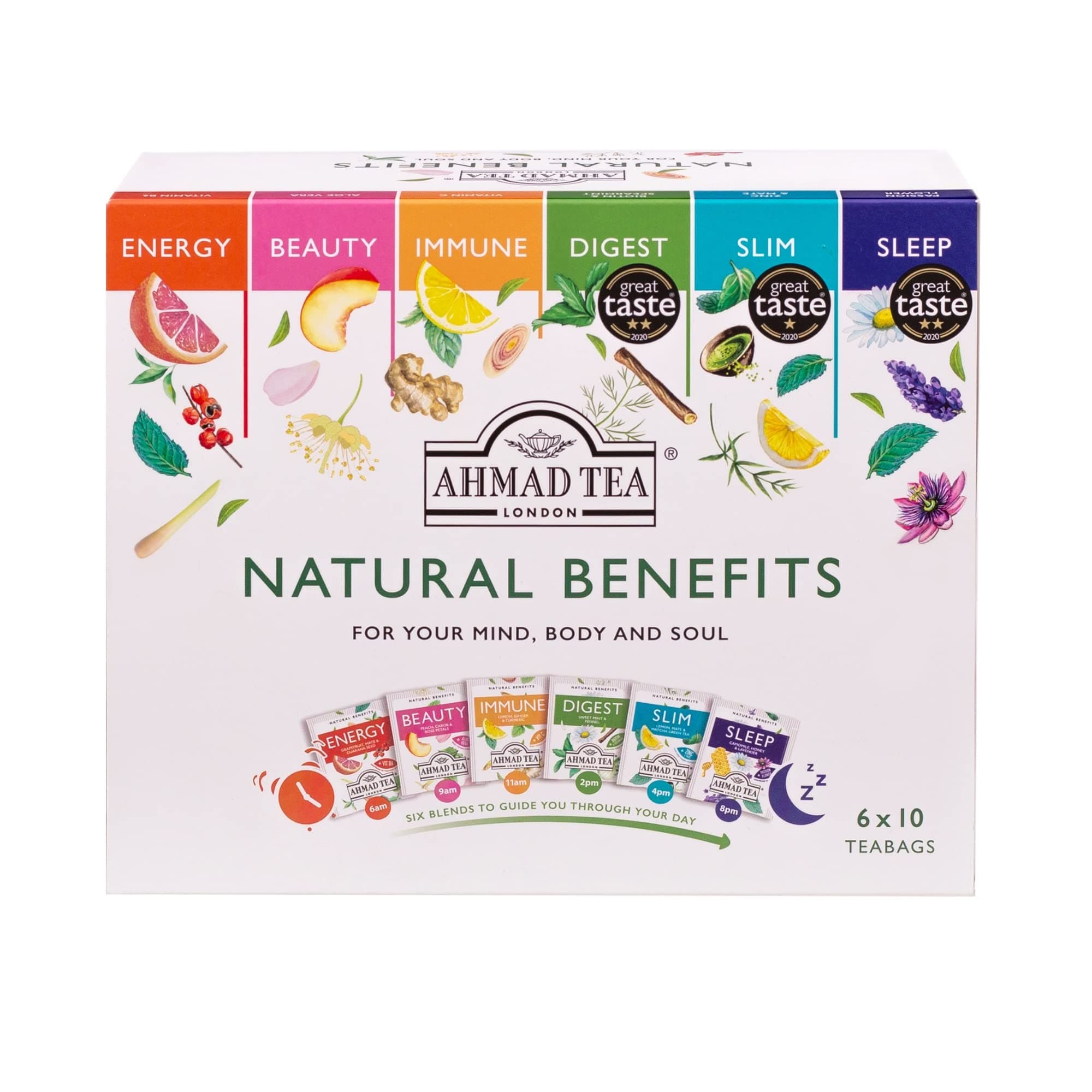 - Natural Benefit Functional Tea Selection Pack | Green teas, Fruit & Herbal Infusions | Perfect herbal tea gift - 60 Teabag Sachets | 6 blends