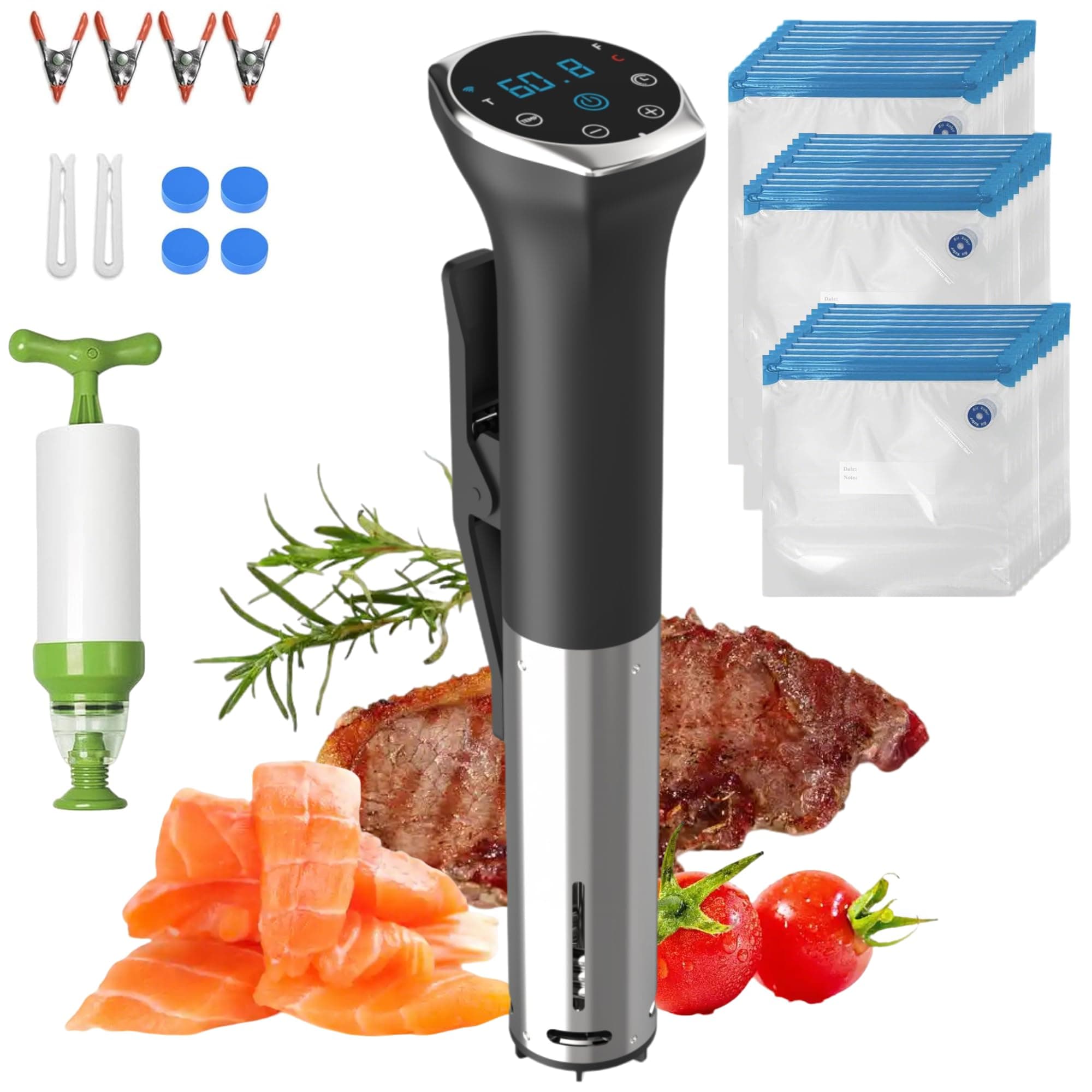 Karinear Sous Vide Kit Set with Extractor Pump Sealed Bag Clip with Temperature Time LED Stainless Steel Precision Cooker Immersion Circulator 1100W APP Comes with Recipes