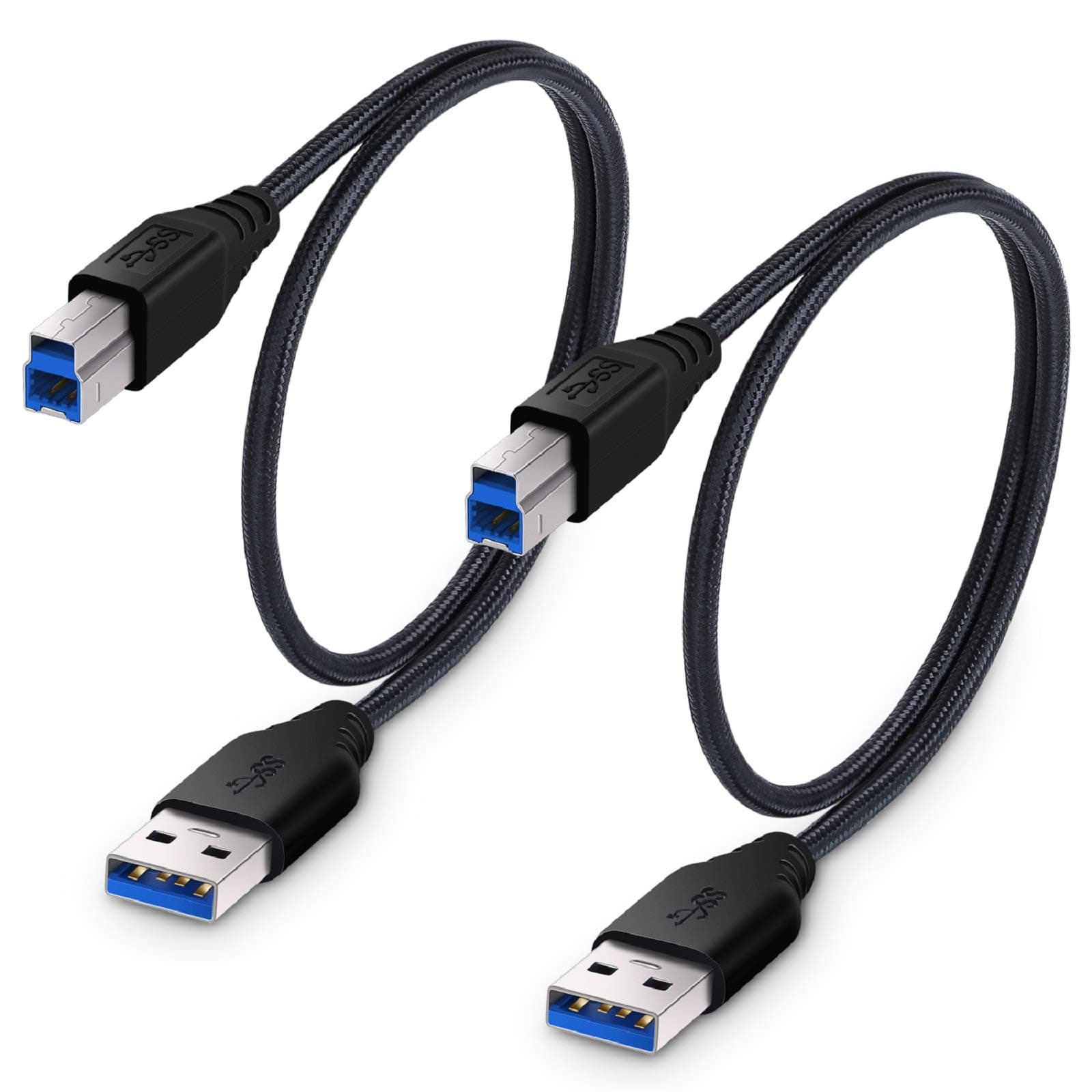 USB 3.0 Cable A-Male to B-Male [1.5ft/50cm] Short Cable Braided Cord- 2Pack, Black