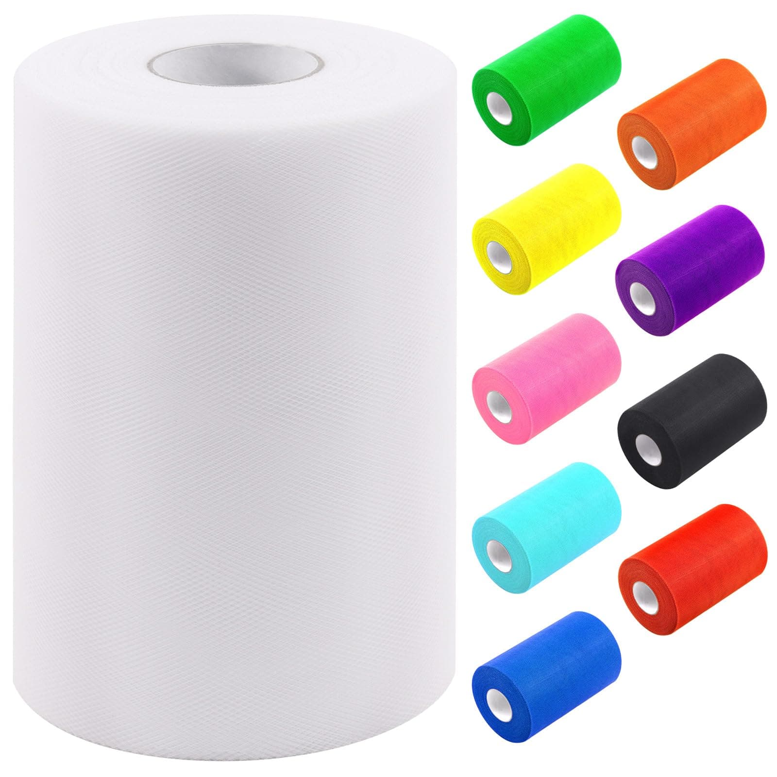 Tanstic 1Pc White Tulle Fabric Roll, 6 Inch x 100 Yards Tulle Ribbon Fabric Spool Fabric Tulle Roll for DIY Tutu Bow, Birthday Party Wedding Decorations