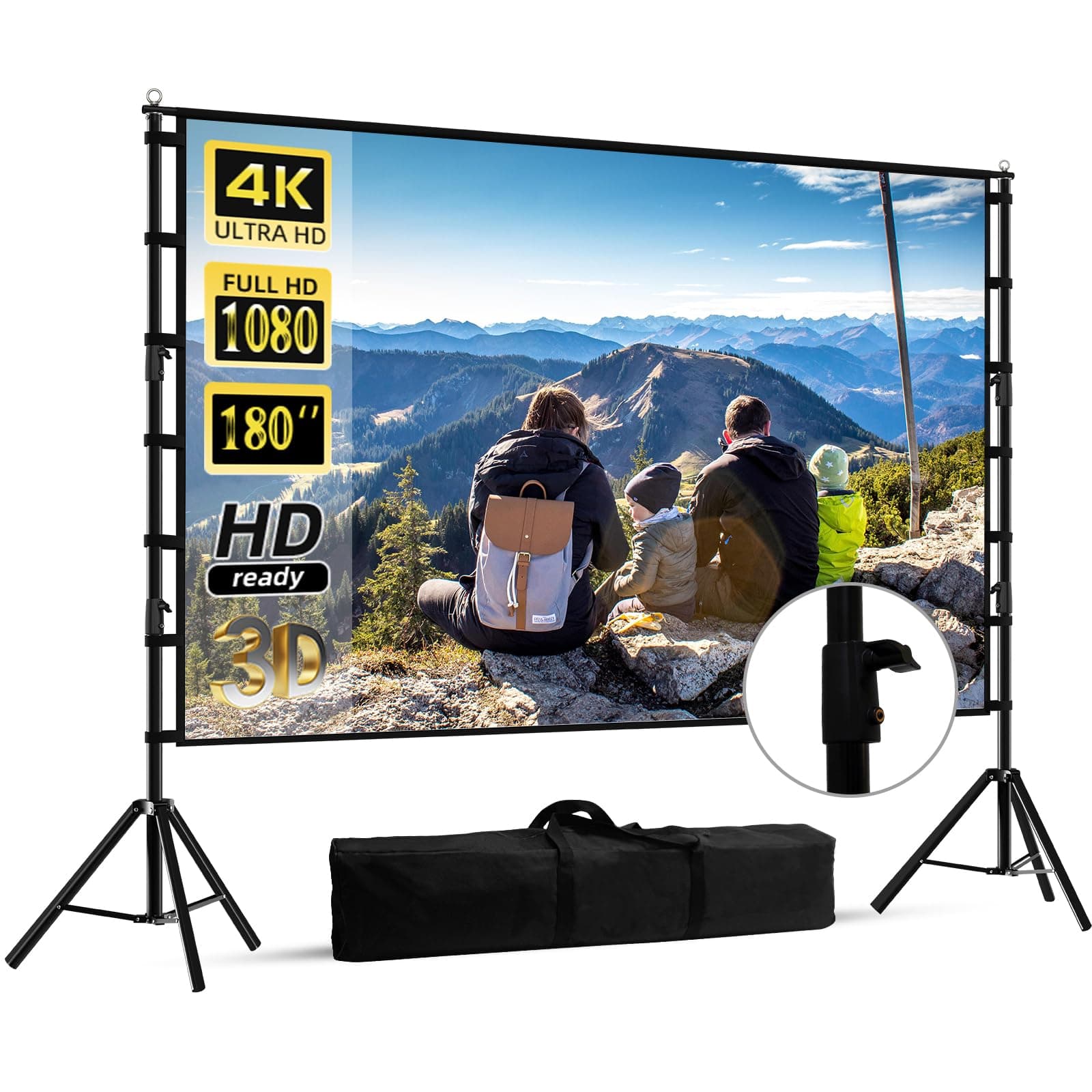 180 inch Projector Screen with Stand,HUANYINGBJB Outside Projection Screen, Portable 16:9 4K HD Rear Front Movie Screen with Carry Bag for Theater Backyard Movie Night,Cinema School, Churches,Parties