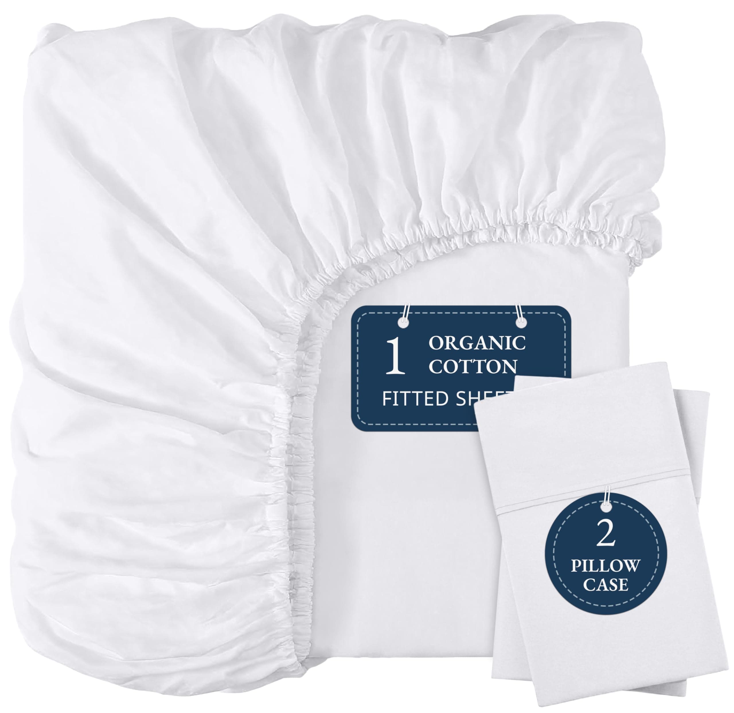 LANE LINEN 100% Organic Cotton Fitted Sheet Queen, 15" Deep Pocket Snug Fit Fully Elasticized Naturally Temperature Regulating Soft & Comfy Deep Pocket Queen - White (+Pillowcases)