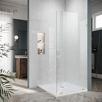 Bathroom Shower Glass Door, 34" W×74" H Fixed Frameless Shower Door with Clamps, 5/16"(8mm) Thick Clear Tempered Glass Door for Walk-in Shower, Brushed Gold