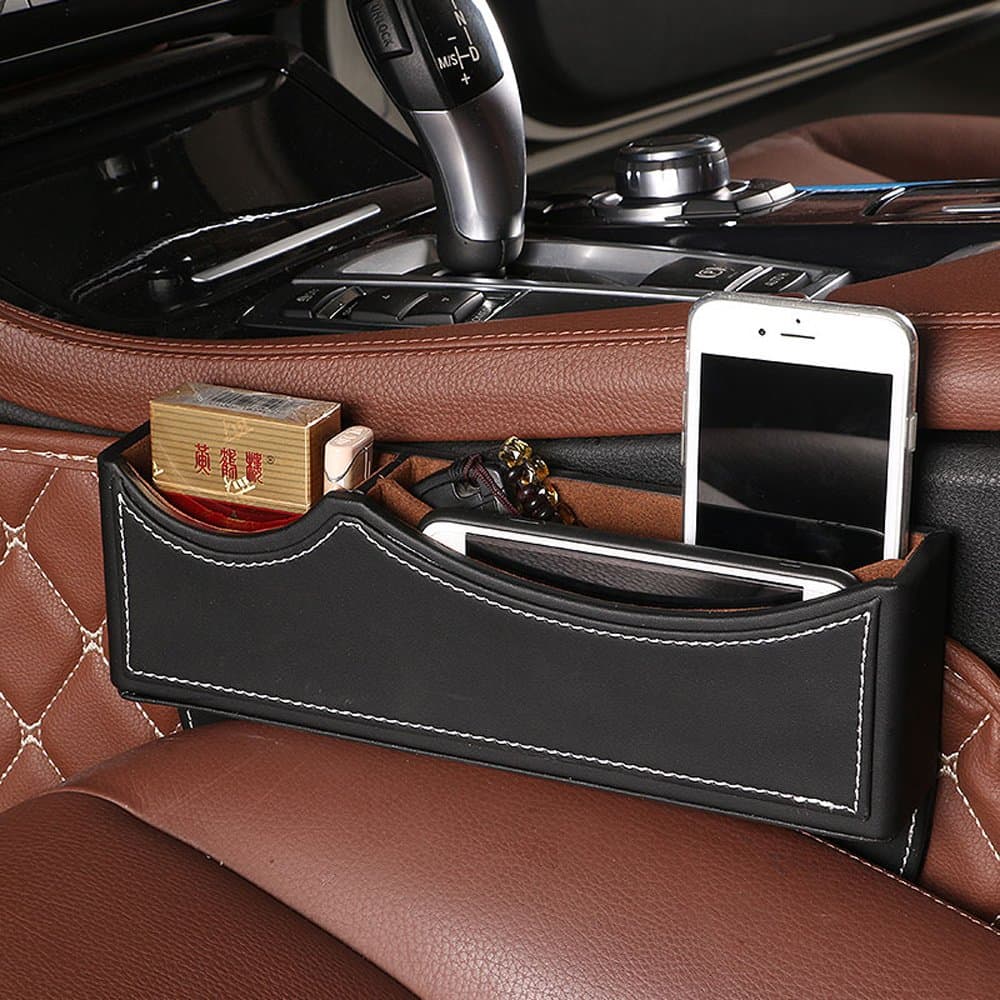 PU leather Car Seat Catcher Gap with Tablet iPhone Holder Filler Organiser Side Pocket Coin Side Pocket,Console Side Pocket,Car Organizer Driver's Side (Black White)