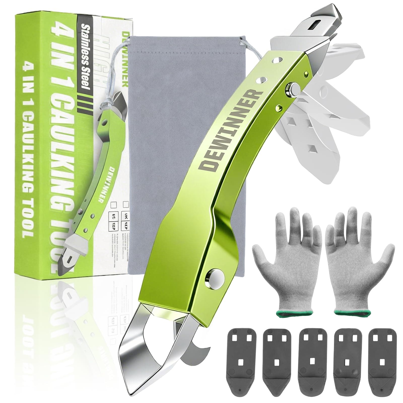 4 in 1 Silicone Caulking Tool Kit (full body stainless steel), Caulking Scraper Set, Trimming Tool with 5* Silicone Mats 1* Glove, Adhesive Corner Scraper for Kitchen, Bathroom and Window Sinks