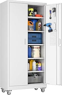- SUXXAN Garage Storage Cabinet with Pegboard and 5 Adjustable Shelves, 71'' x 32'' x 16''Metal Lockable Cabinet with Magnetic Doors,Tool Storage,Home Office Garage,Gym,School(White)