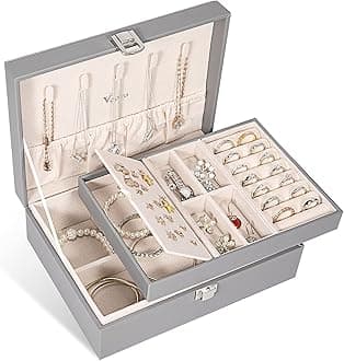 - Voova Jewelry Box Organizer for Women Girls,2 Layer Large Men Jewelry Storage Case, PU Leather Display Jewellery Holder with Removable Tray for Necklace Earrings Rings, Grey