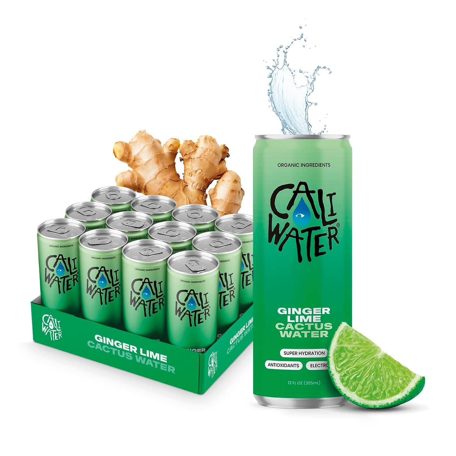 - CALIWATER Organic Cactus Water 12 Pack (Ginger Lime) Coconut Water Alternative - 5 Electrolytes, 6g of Sugar, 30 Calories - Natural Plant Based Hydration - Skin Care Benefits - Non GMO - 12 fl oz
