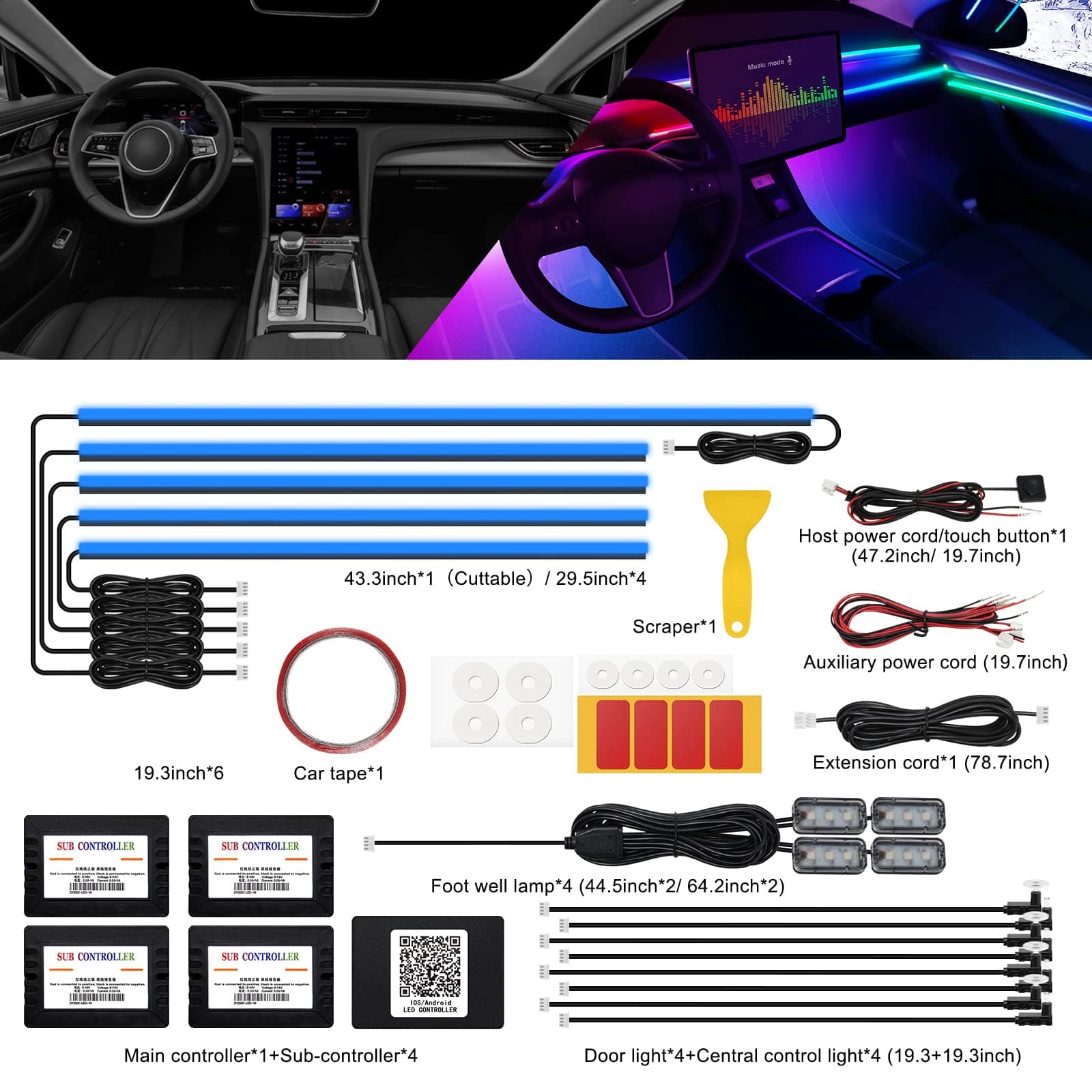 Acrylic Interior Car LED Strip Light with Wireless APP, RGB 18 in 1 with 175 inches 593 LEDs Fiber Optic Ambient Lighting Kits, 16 Million Colors Sound Active Function Car Neon Lights