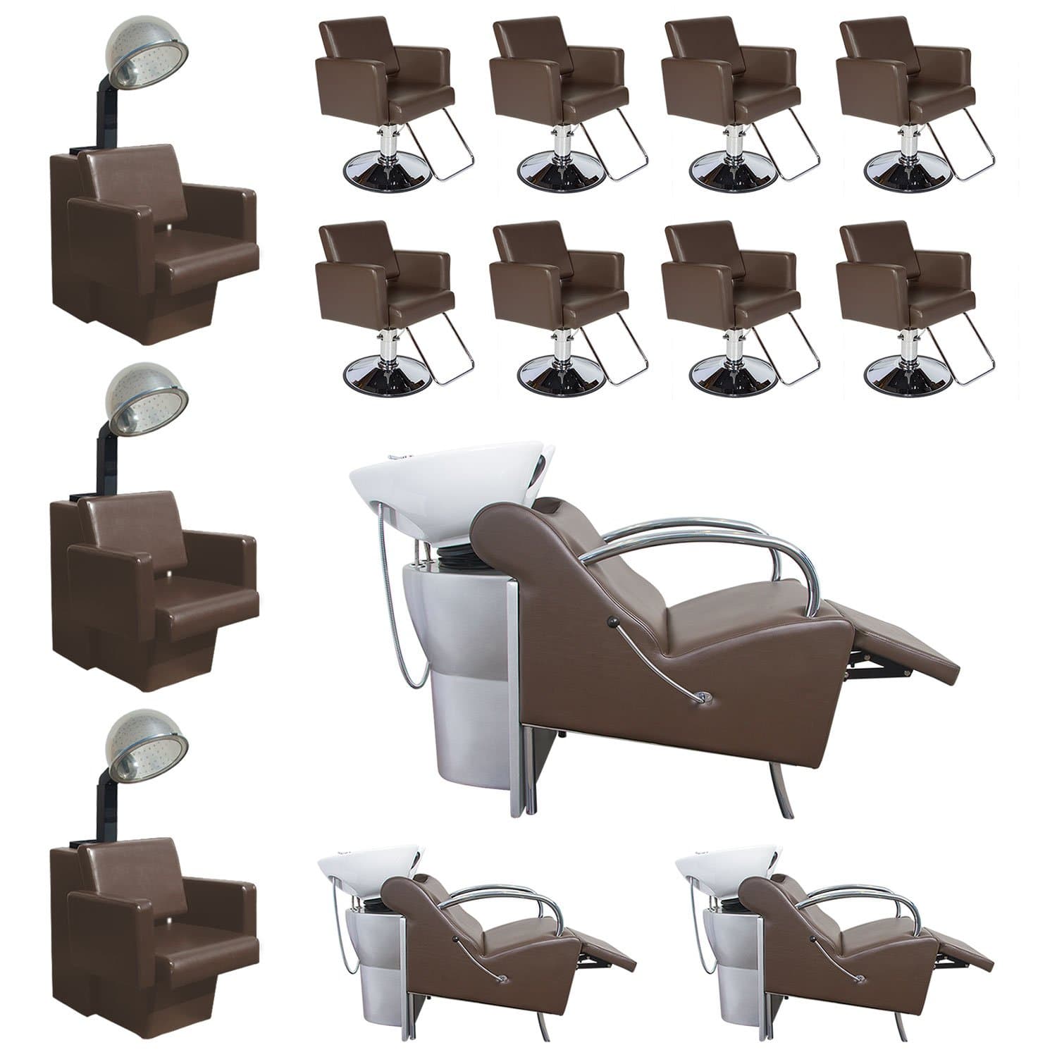 Havana Basics Brown Collection - Eight Stations featuring Eight (8) Styling Chairs - Brown w/Round Base, Three (3) Stockholm Shampoo Units Brown w/White Bowl and VBK (Black bowl is available) & Three (3) Havana Dryer Chairs - Brown from SalonSmart
