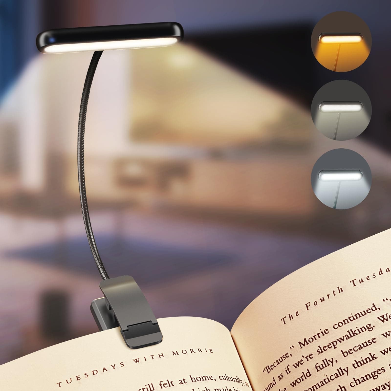 Book Light Rechargeable Book Lights for Reading at Night in Bed with 3 Color & 10 Brightness Dimmable, Flexible Gooseneck Small Clip on Reading Light for Kids - 1 Pack