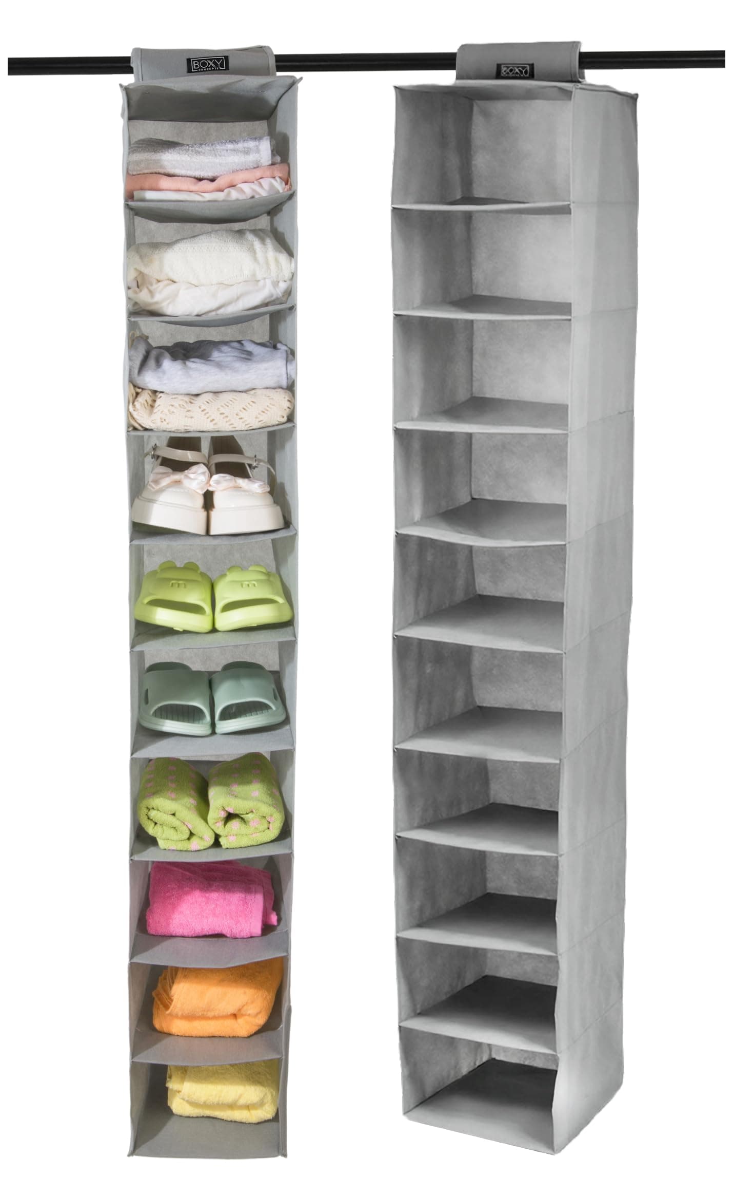 Boxy Concepts 10-Shelf Hanging Hat Organizer for Baseball Caps - Grey Contemporary Fabric - Space-Saving Baseball Cap Organizer & Closet Storage - Wall-Mount Hat Rack & Shoe Rack