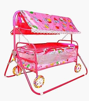 AVANI METROBUZZ Mosquito Net Jhulla Cradle with Swing for New Born Baby 1-2 Years Babies-Newborn Baby Cotton Baby Sleep Swing Cradle-Baby Jhula Jhoola Set with Mosquito Net and Spring (EvaPink)