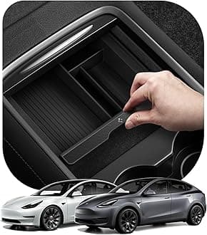 Spigen Tesla Model 3 2021-2023 and Model Y (~2024) Centre Console Organiser Tray Interior Accessories with Smooth Slide Technology, Car Interior Flocked Armrest - Carbon Edition