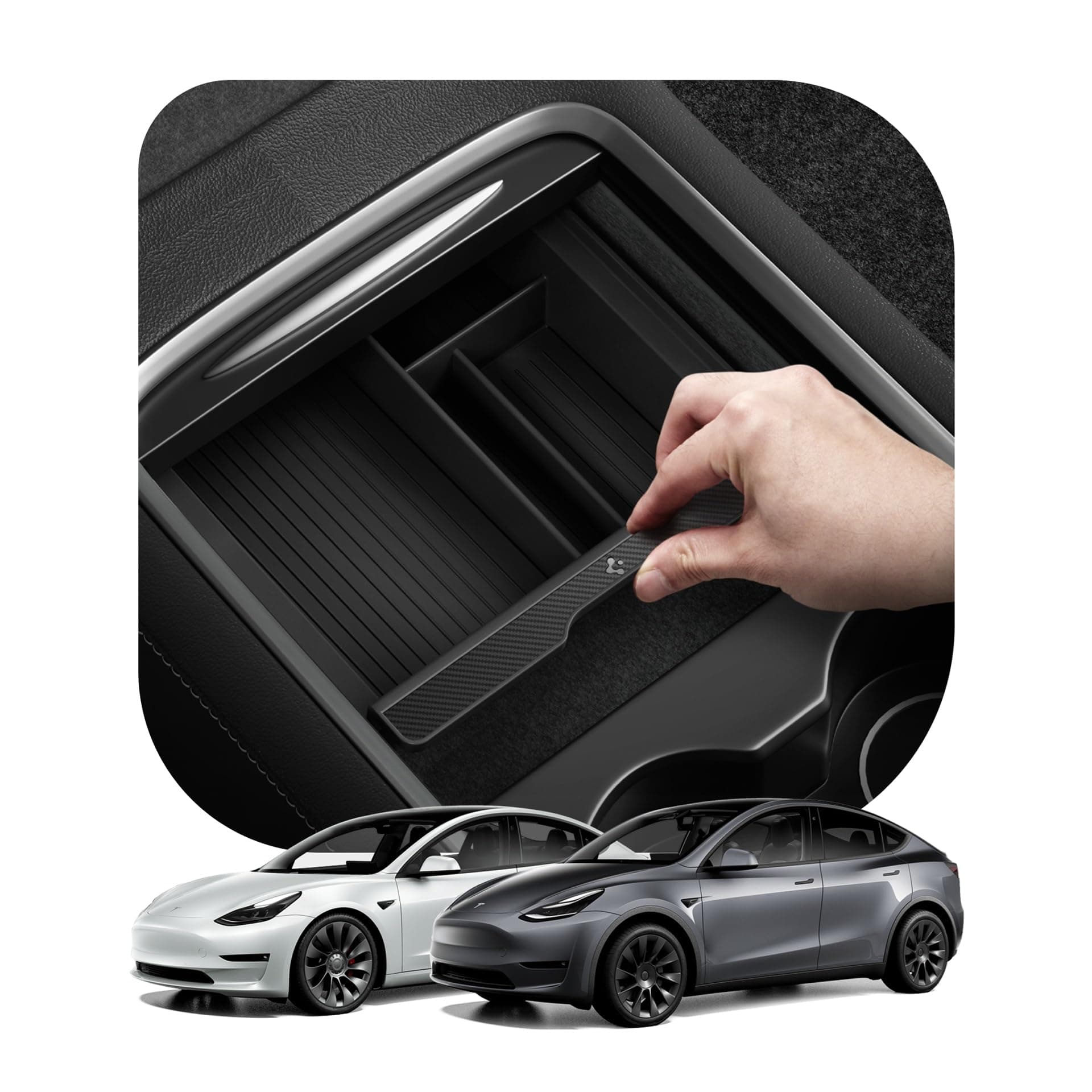 Tesla Model 3 2021-2023 and Model Y (~2024) Centre Console Organiser Tray Interior Accessories with Smooth Slide Technology, Car Interior Flocked Armrest - Carbon Edition